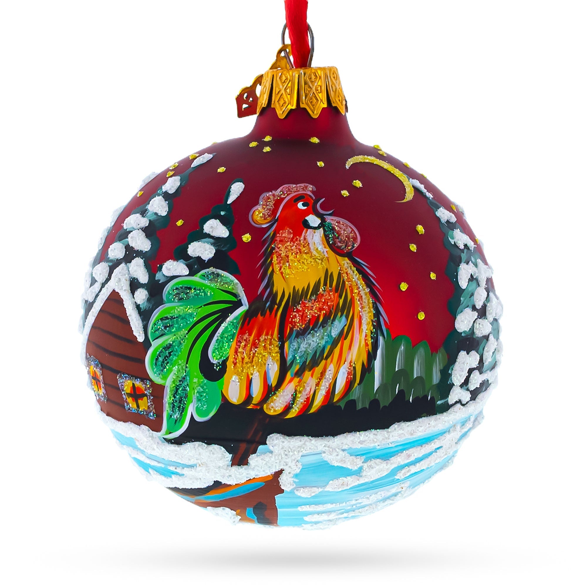 Rooster Village Scene Glass Ball Christmas Ornament 3.25 Inches