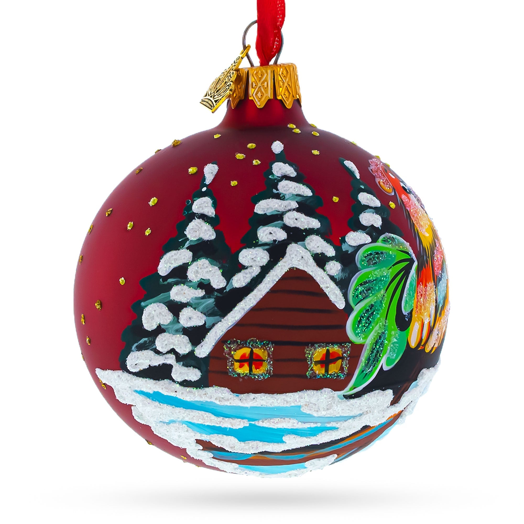 Rooster Village Scene Glass Ball Christmas Ornament 3.25 Inches