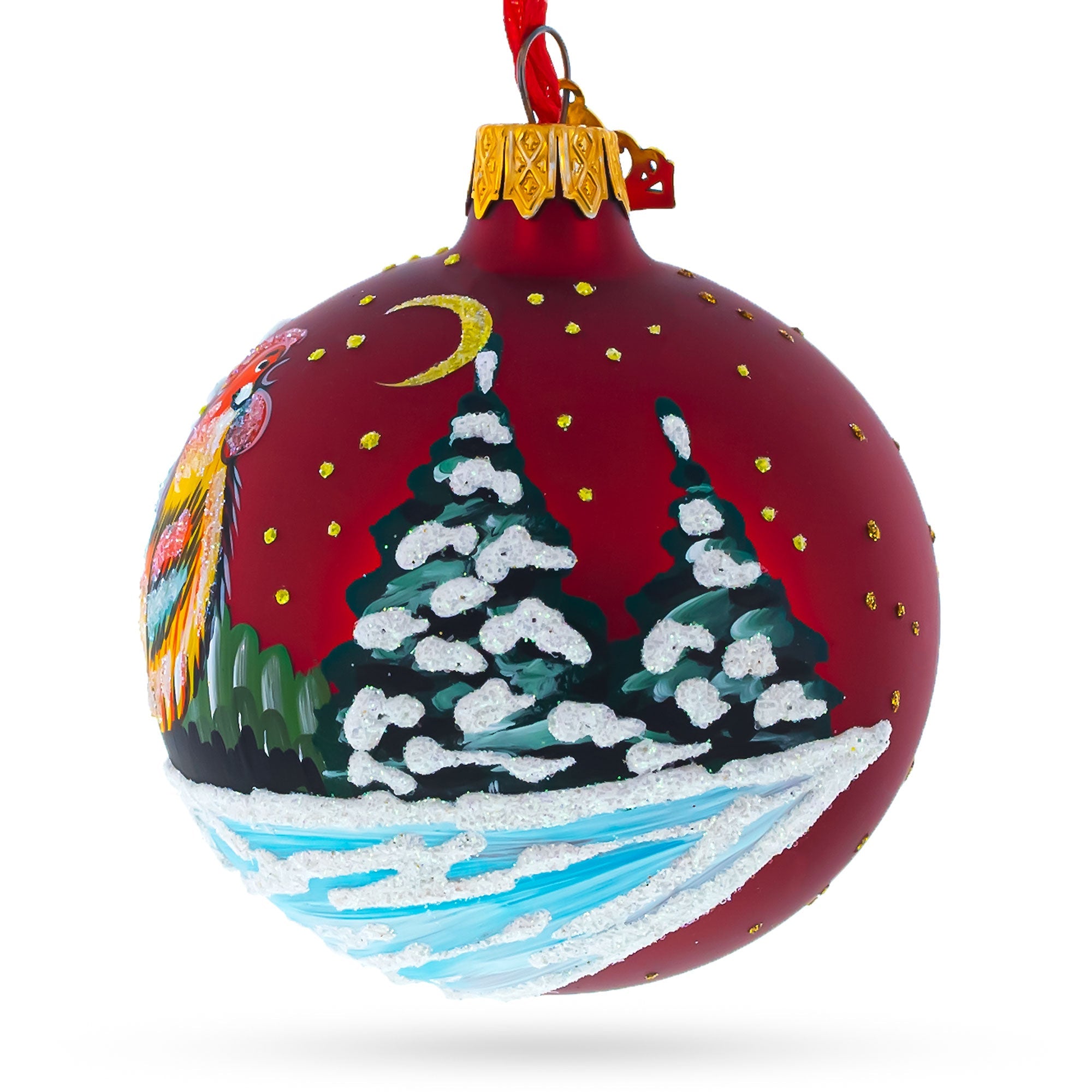 Rooster Village Scene Glass Ball Christmas Ornament 3.25 Inches