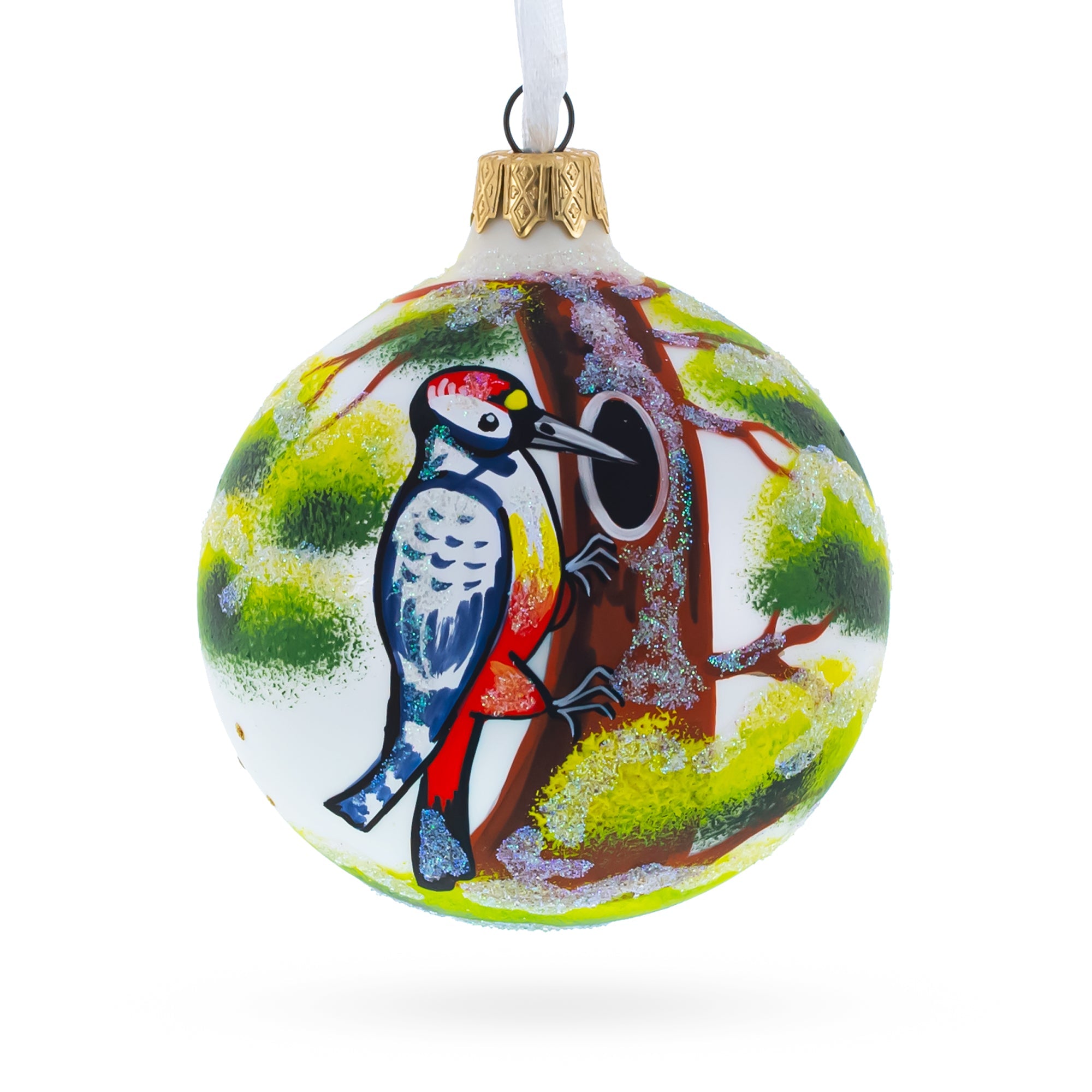 Woodpecker Glittered Glass Ball Christmas Ornament 3.25 Inches
