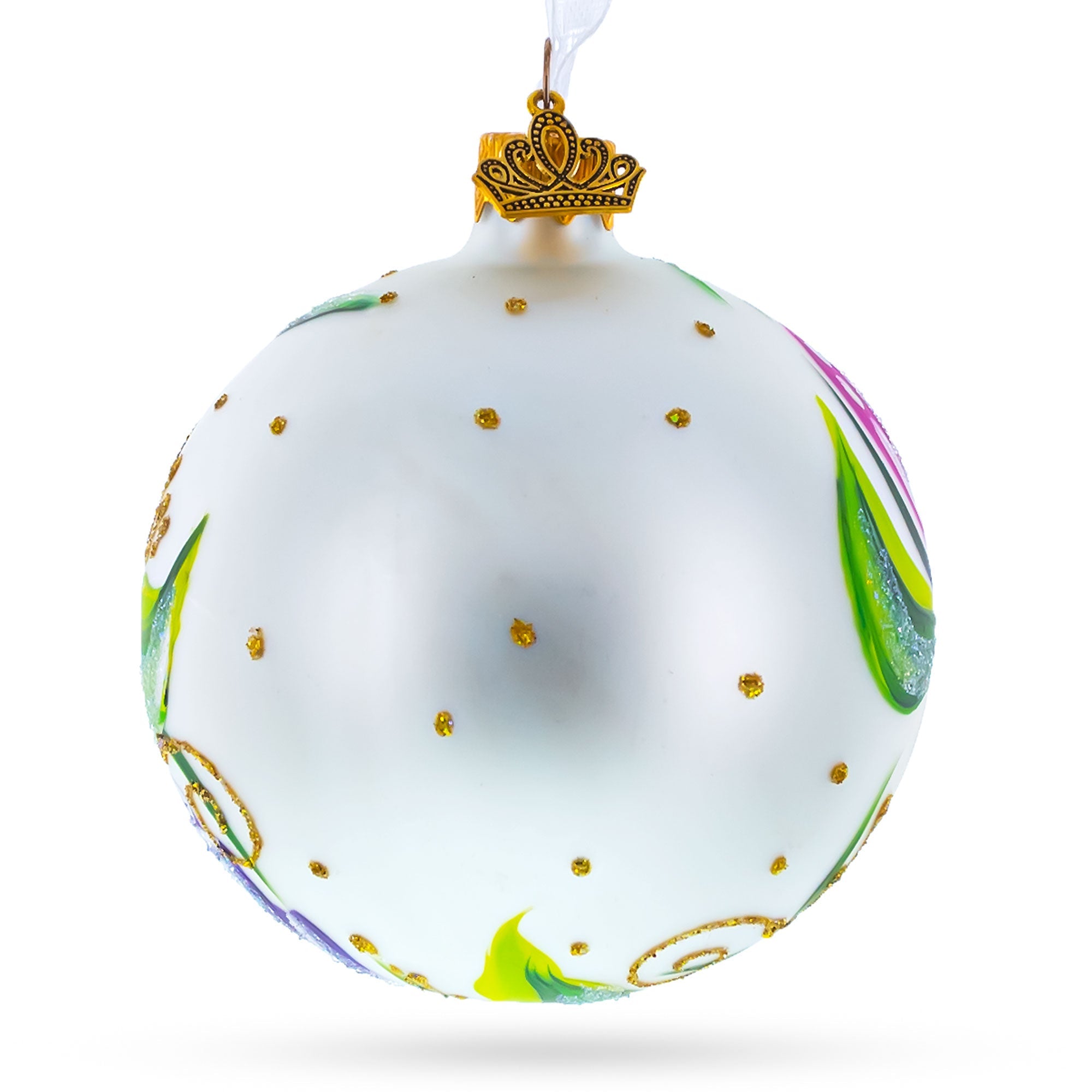 Tulip Bouquet on White Glass Ball Christmas Ornament 3.25 Inches