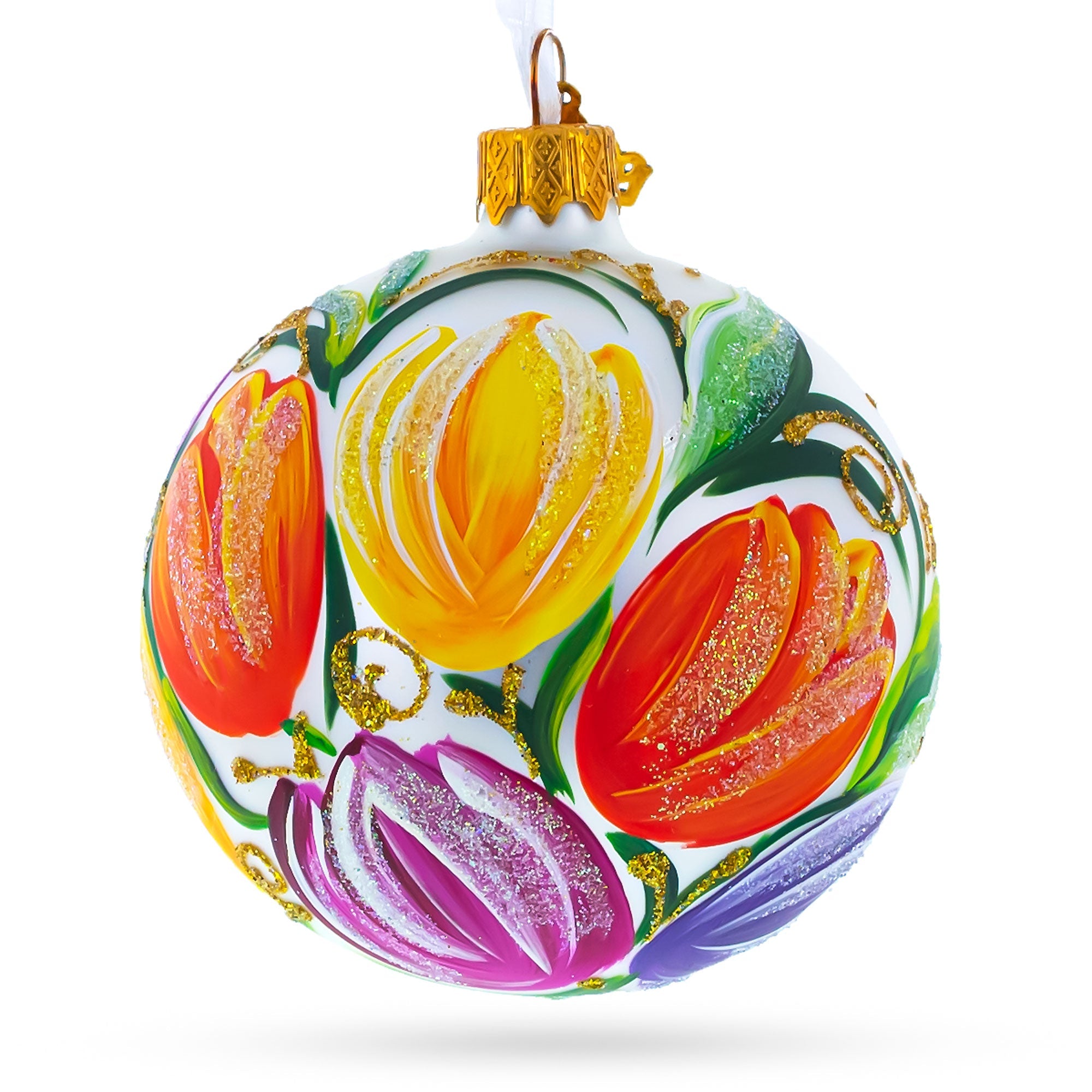 Tulip Bouquet on White Glass Ball Christmas Ornament 3.25 Inches