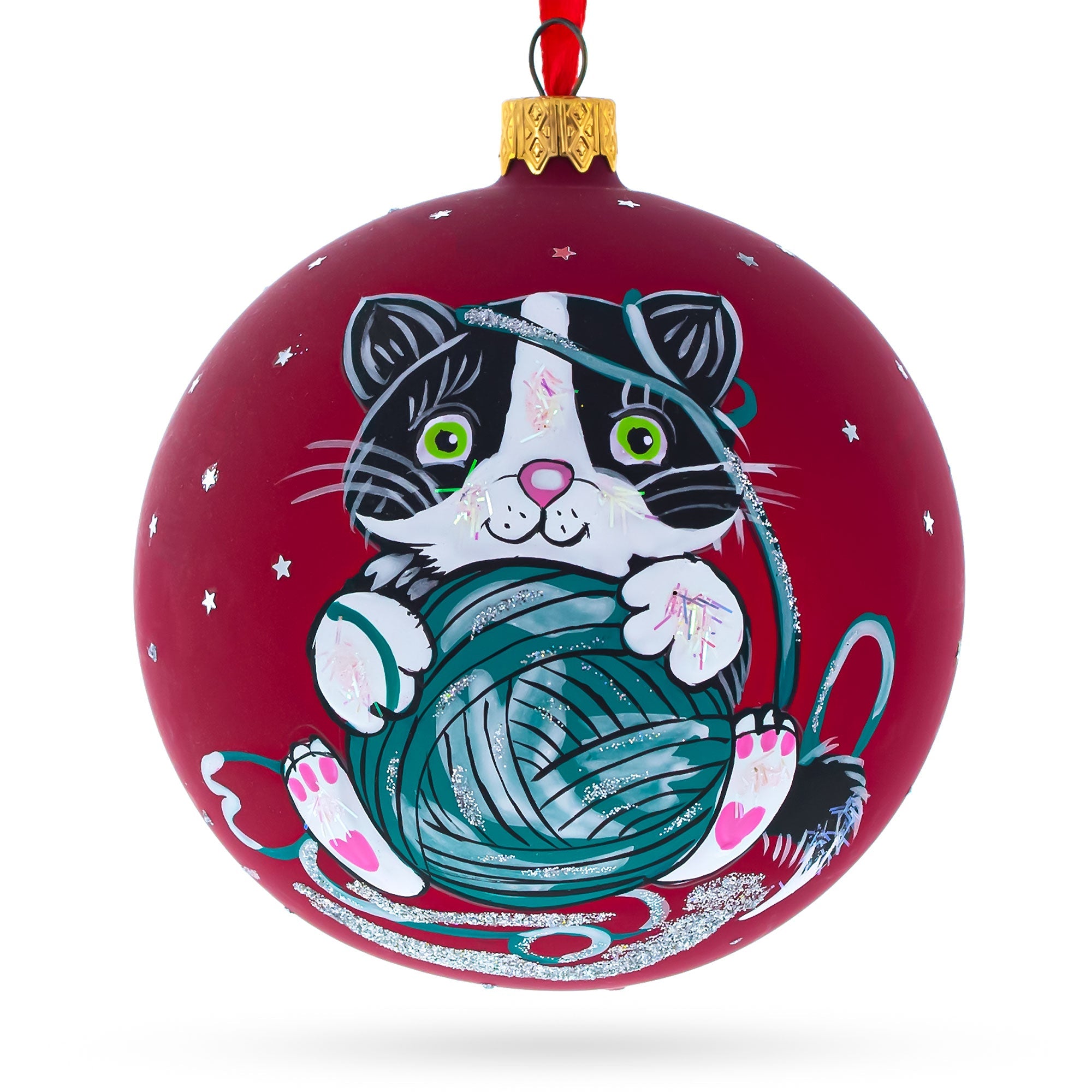 Kitten with Green Yarn Glass Ball Christmas Ornament 4 Inches