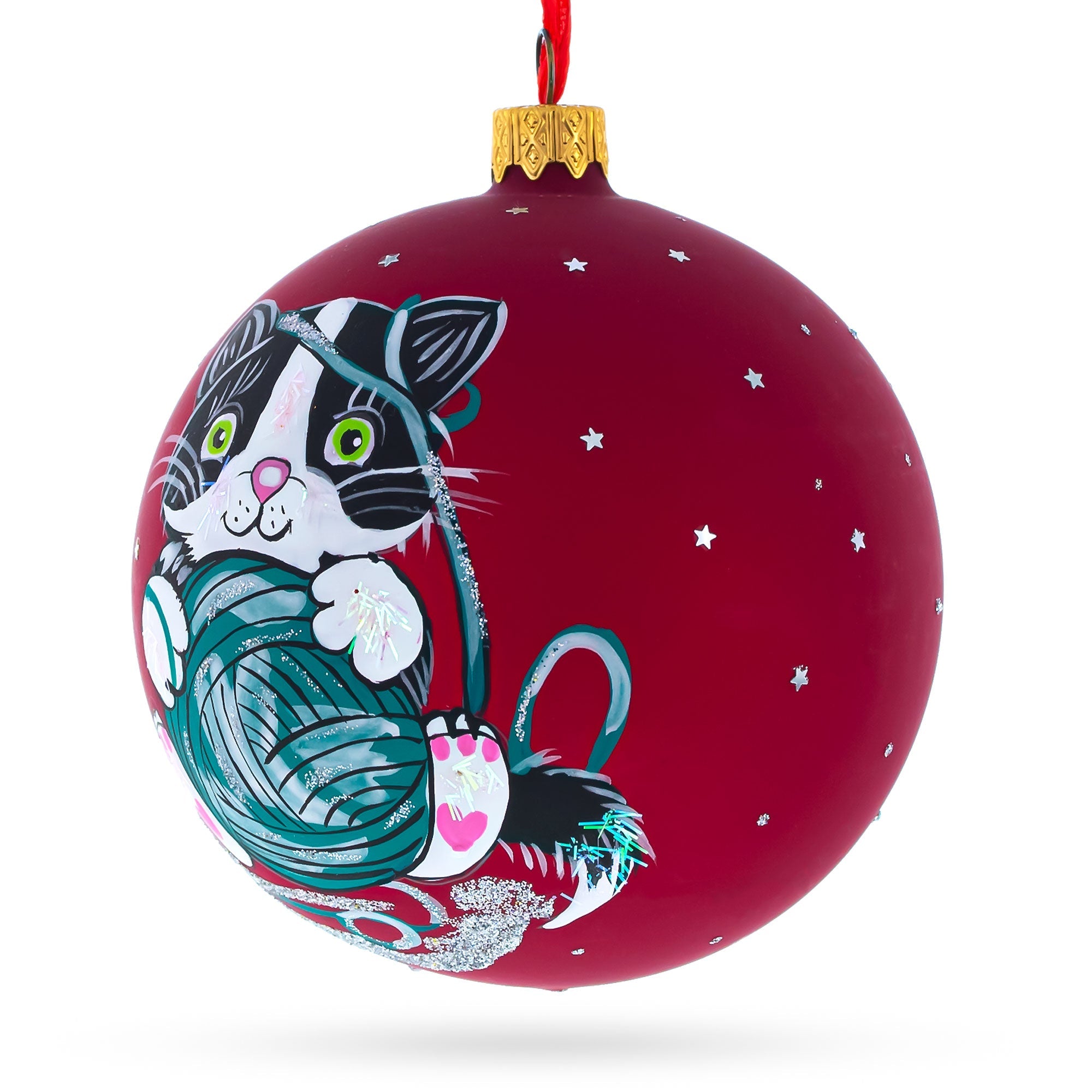 Kitten with Green Yarn Glass Ball Christmas Ornament 4 Inches