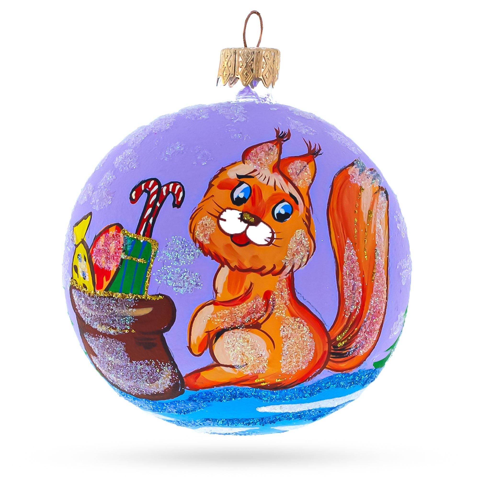 Squirrel Presenting Gifts Beside a Festive Tree Glass Ball Christmas Ornament 3.25 Inches