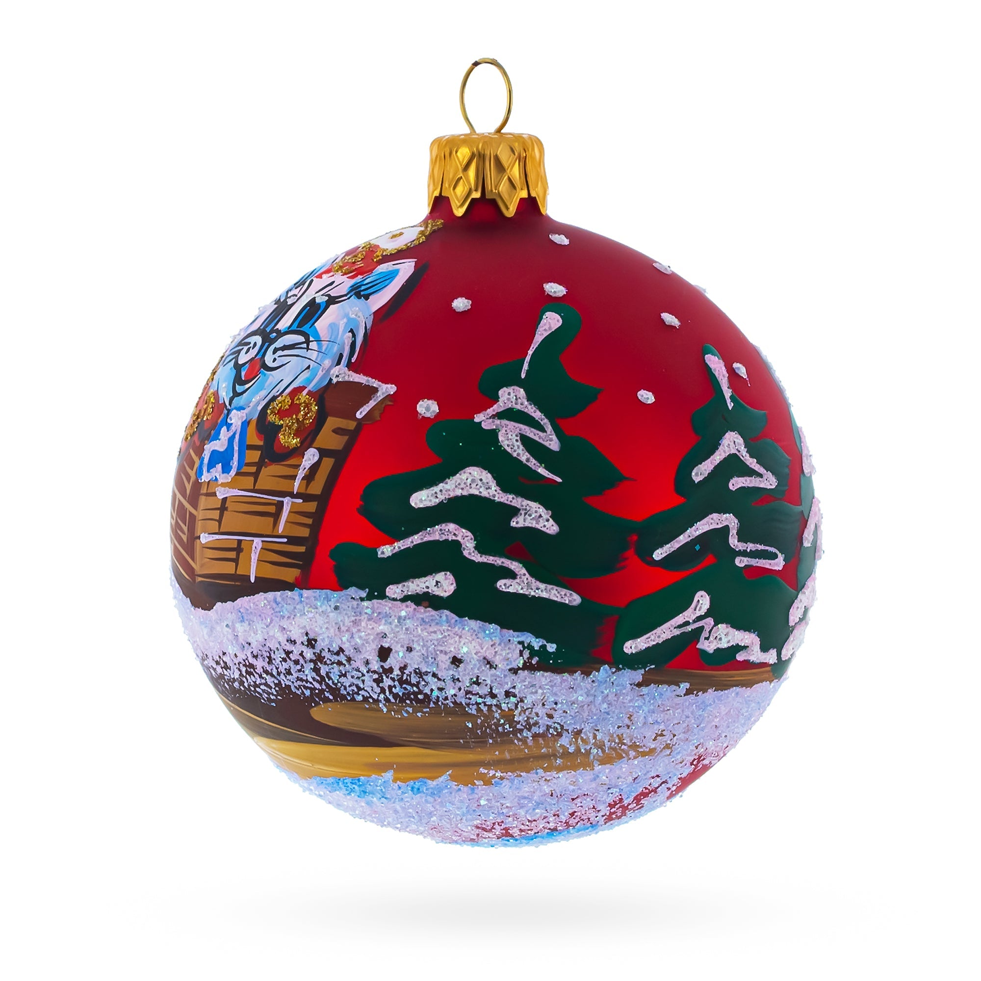 Cat in Chimney Glass Ball Christmas Ornament 3.25 Inches