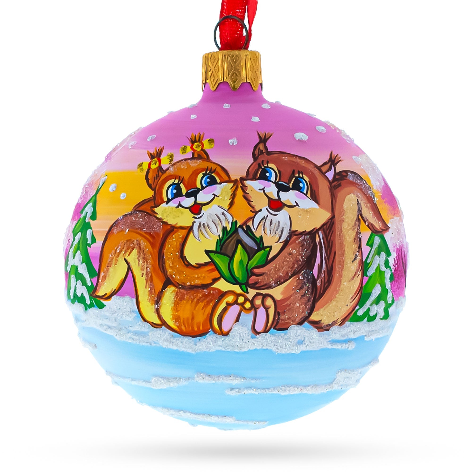 Squirrel Couple Amidst Lotus Flower Glass Ball Christmas Ornament 3.25 Inches
