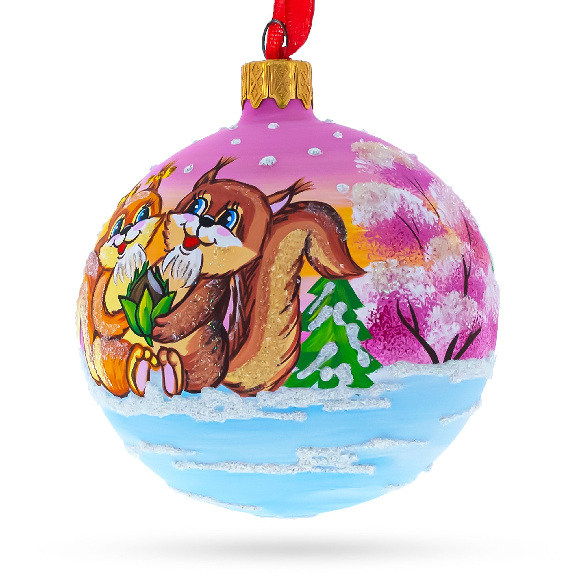 Squirrel Couple Amidst Lotus Flower Glass Ball Christmas Ornament 3.25 Inches