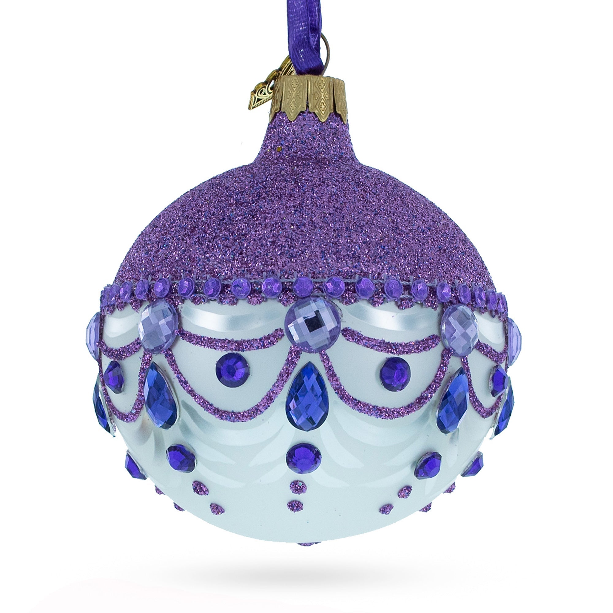 Glittered Purple Top Glass Ball Christmas Ornament 3.25 Inches