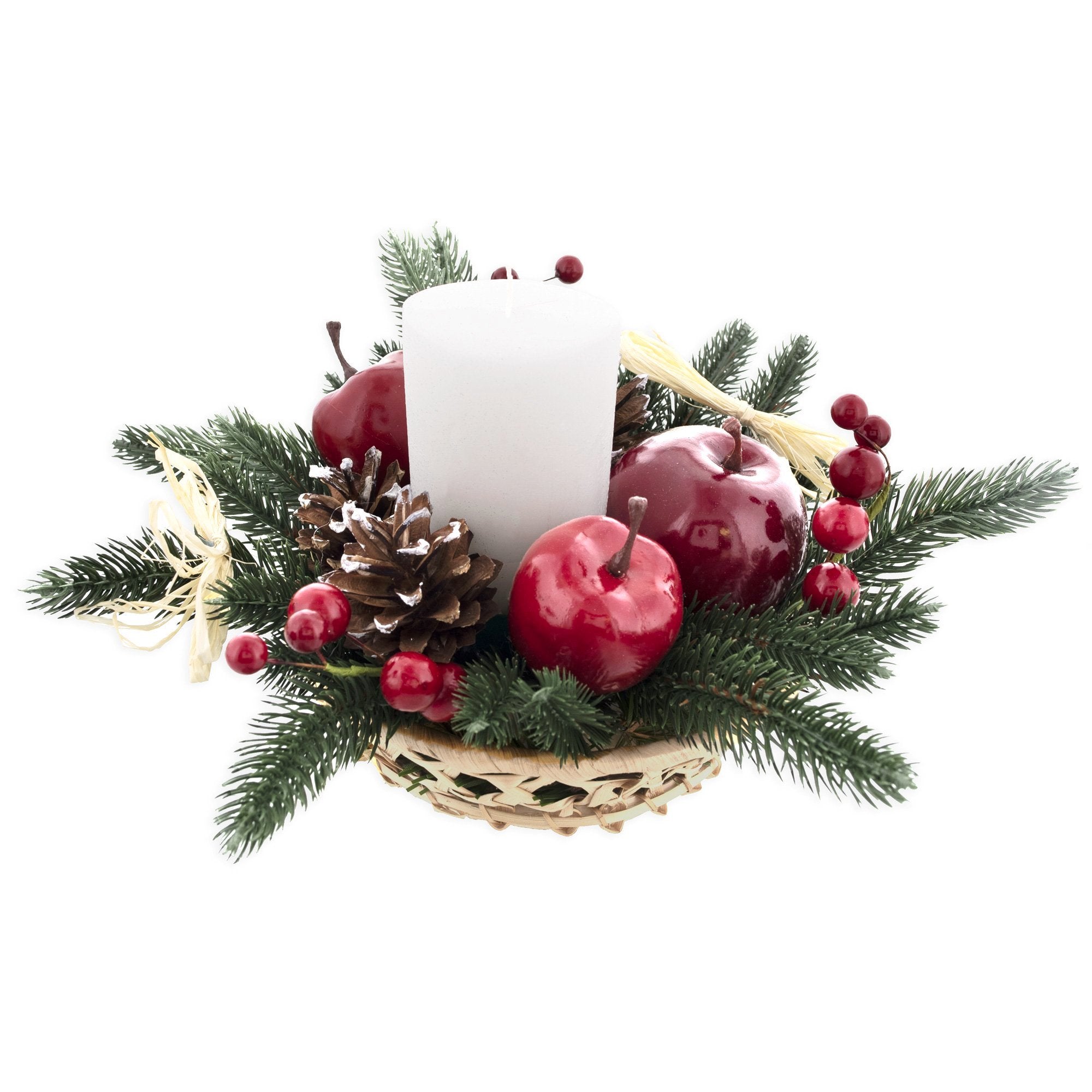 Ukrainian Candle Holder with Straw Bow, Apples & Pine Cones 16 Inches