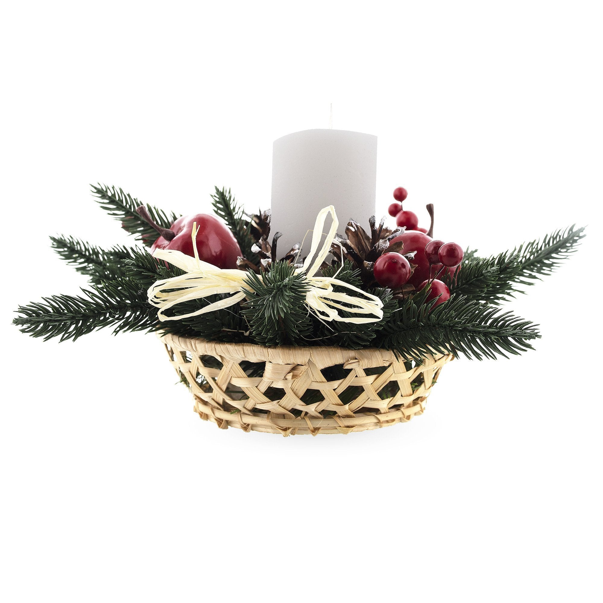 Ukrainian Candle Holder with Straw Bow, Apples & Pine Cones 16 Inches