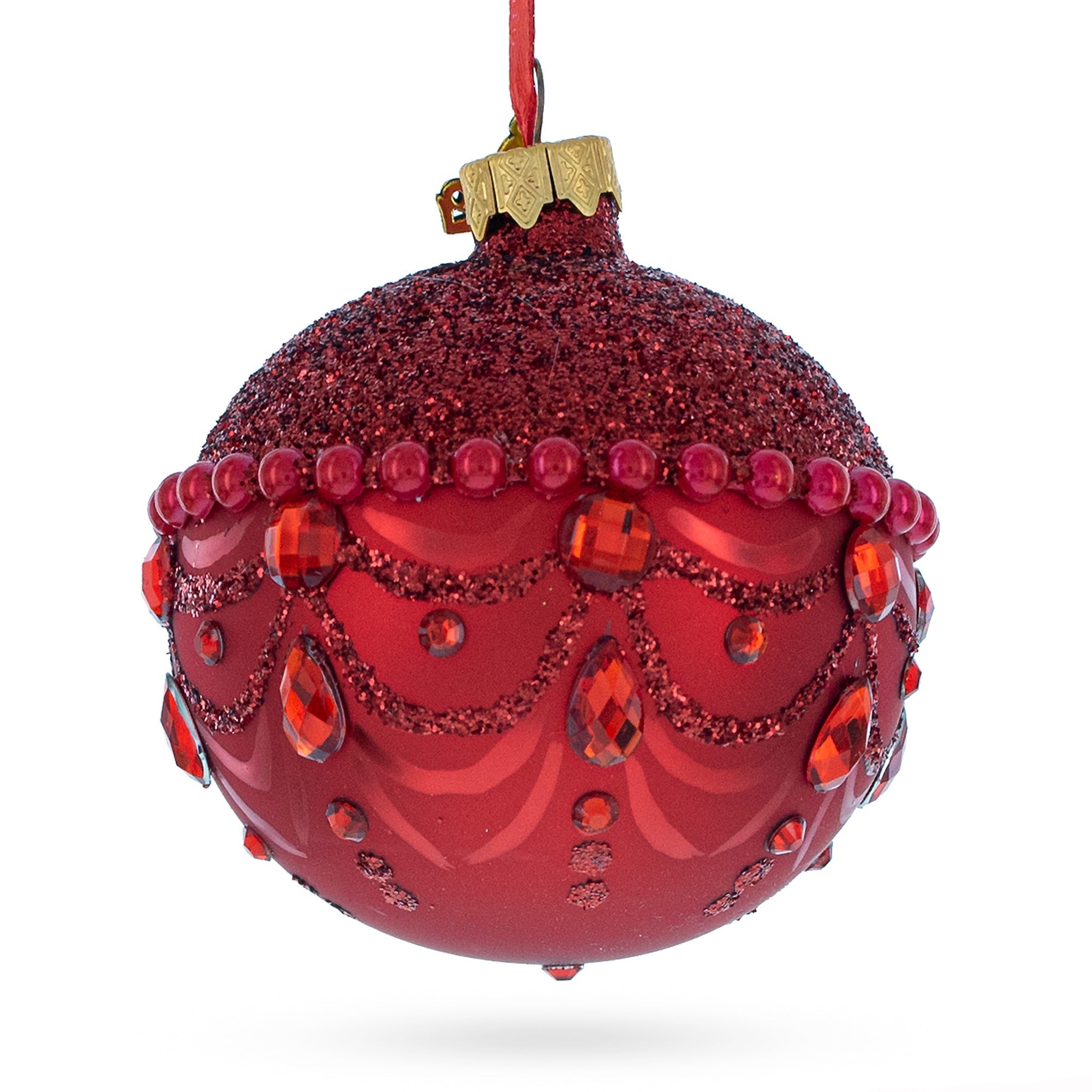 Bejeweled Chandelier Design on Red Glass Ball Christmas Ornament 3.25 Inches