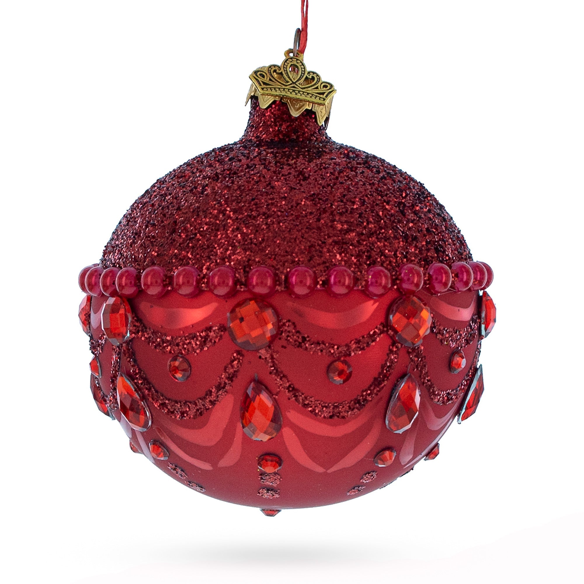 Bejeweled Chandelier Design on Red Glass Ball Christmas Ornament 3.25 Inches