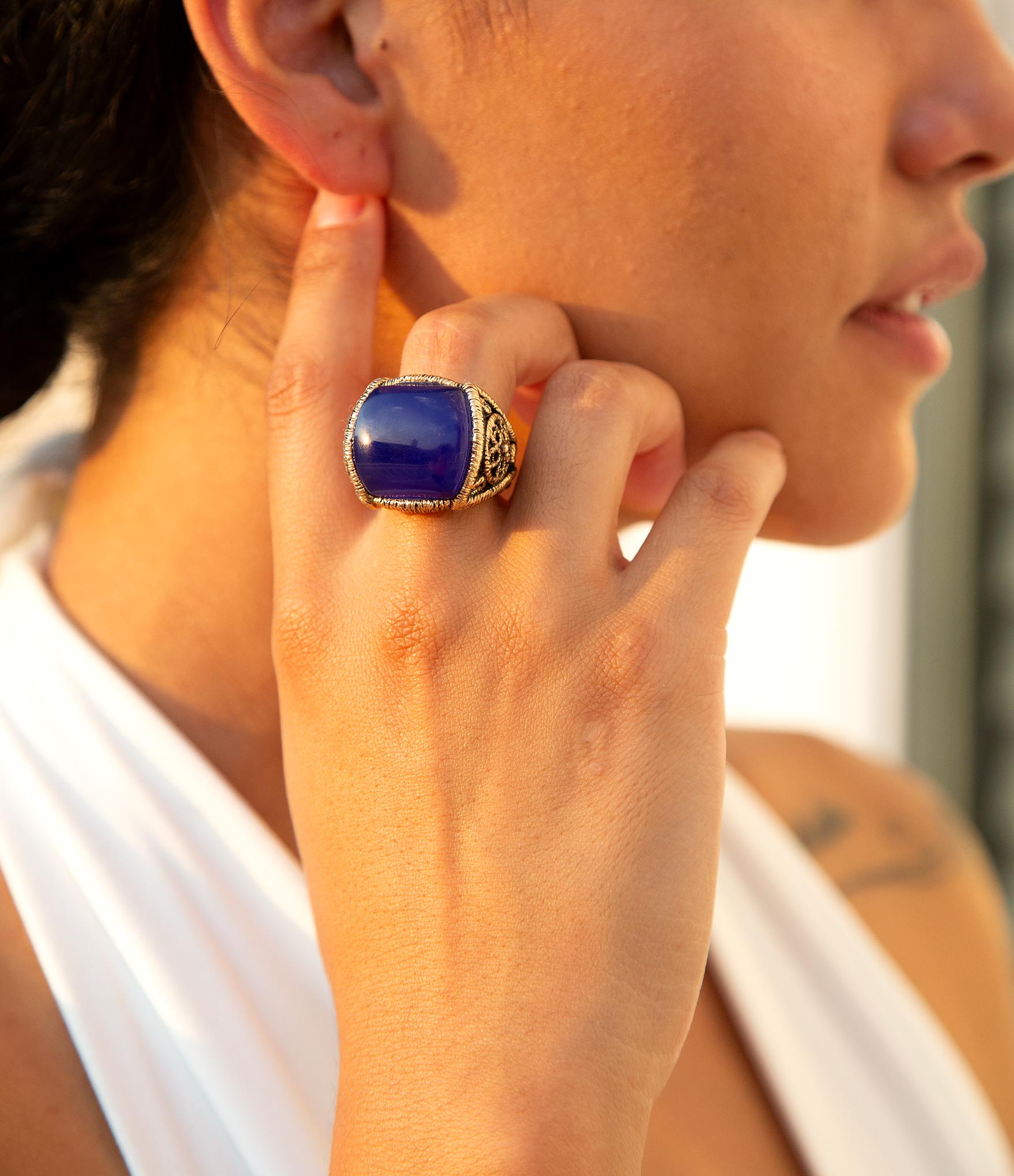 Lace Blue Agate Golden Statement Ring Barse Jewelry
