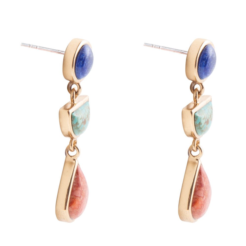Blue Lapis Turquoise and Orange Sponge Coral Colorful Golden Drop Earrings Barse Jewelry