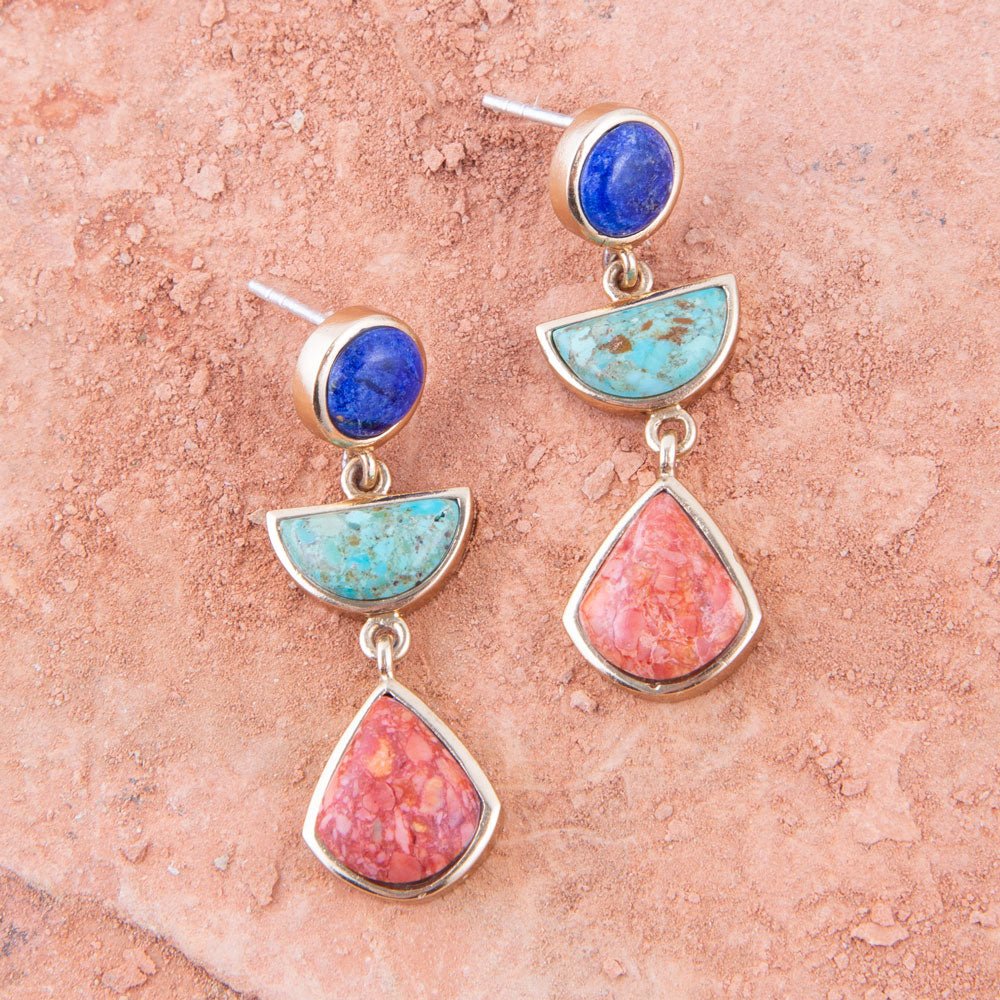 Blue Lapis Turquoise and Orange Sponge Coral Colorful Golden Drop Earrings Barse Jewelry