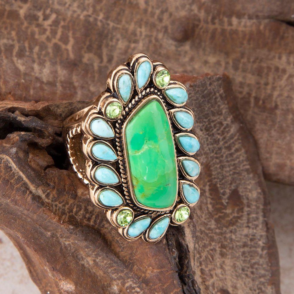 Legacy Lime Green and Blue Turquoise Golden Statement Ring Barse Jewelry