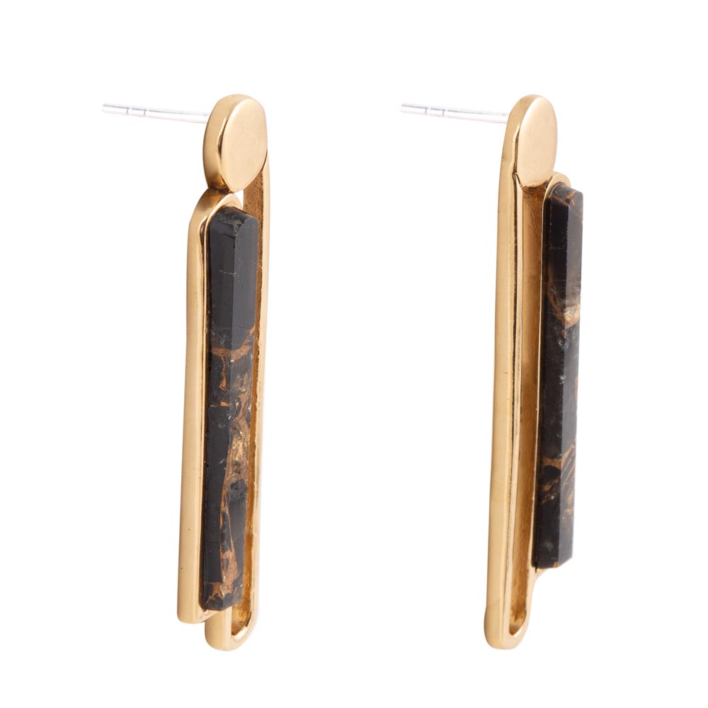 Linear Black and Gold Shungite Matrix and Golden Bronze Earrings Barse Jewelry