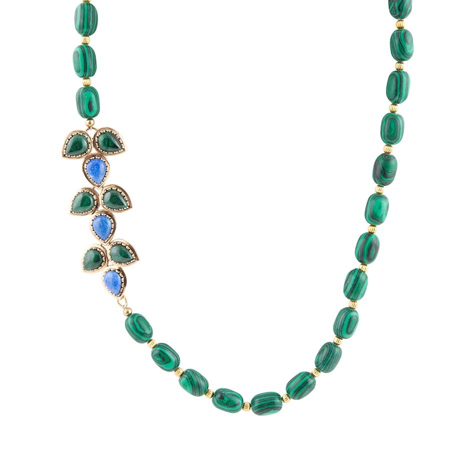 Linked Blue Lapis and Green Malachite Golden Necklace Barse Jewelry