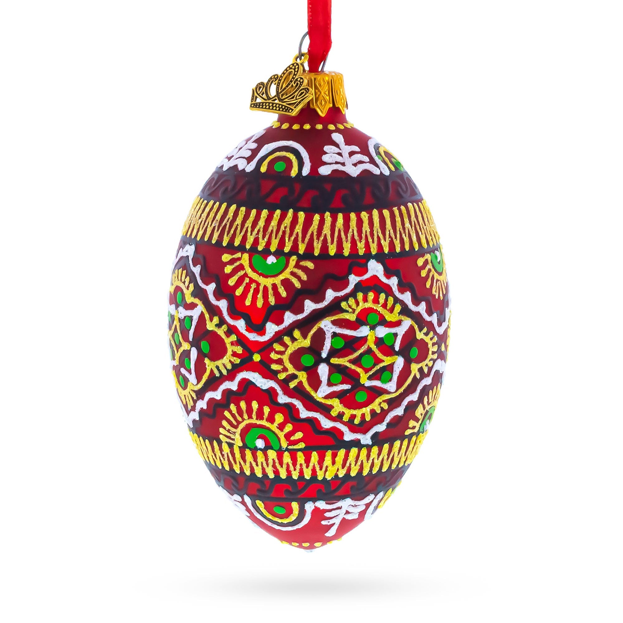 Red Geometric Ukrainian Egg Glass Christmas Ornament 4 Inches
