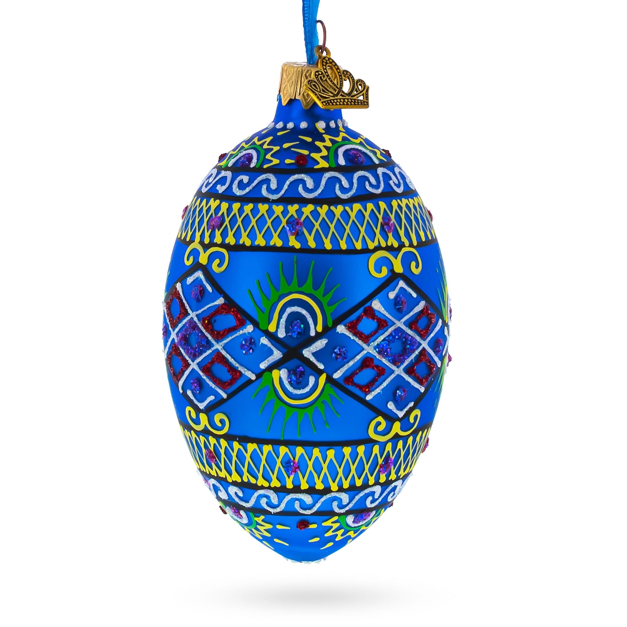 Blue Geometric Ukrainian Egg Glass Christmas Ornament 4 Inches BestPysanky