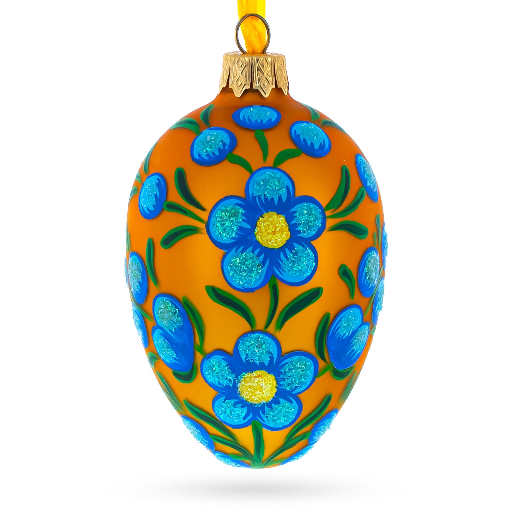 Blue Flowers on Orange Glass Egg Ornament 4 Inches