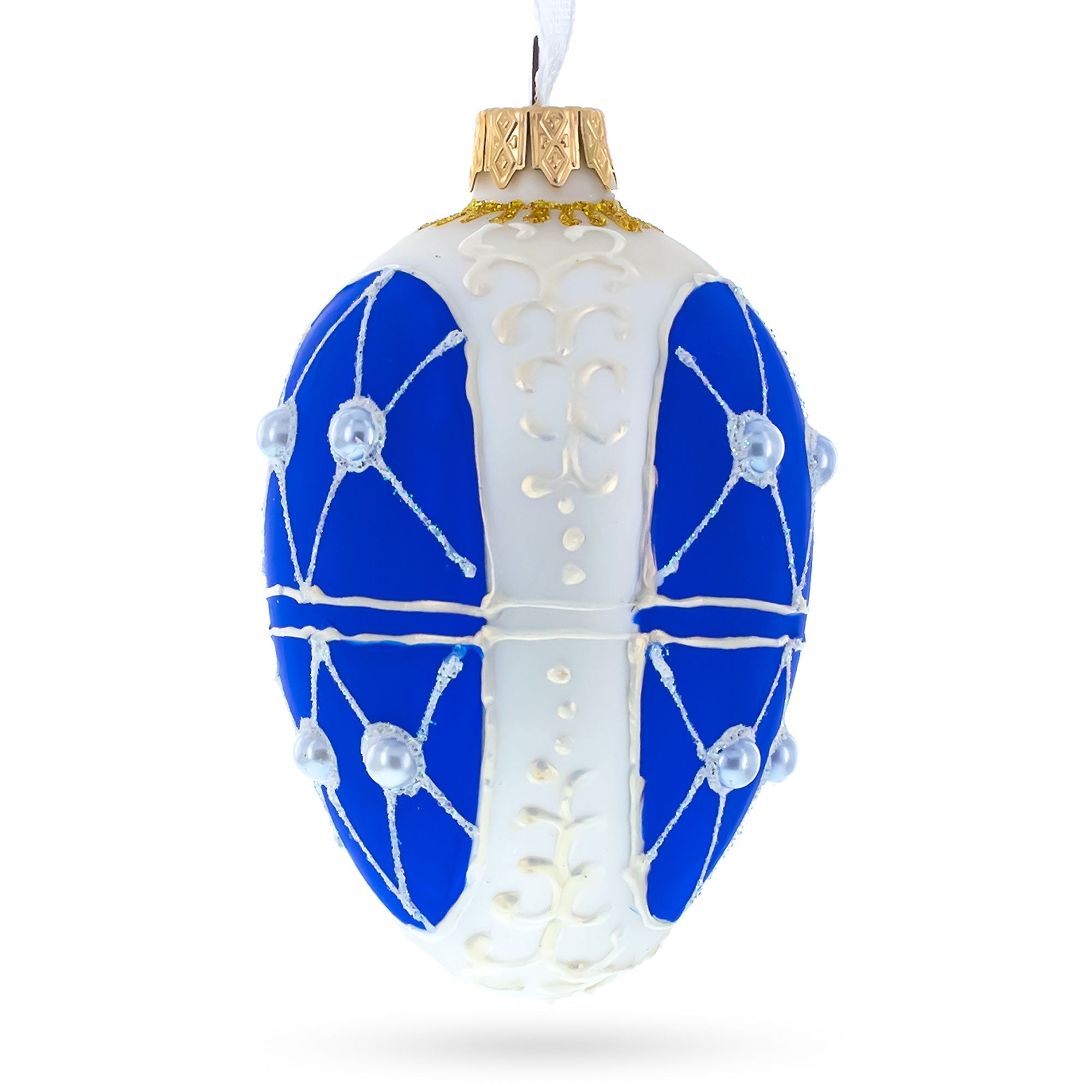 Blue On White Royal Egg Glass Ornament 4 Inches BestPysanky