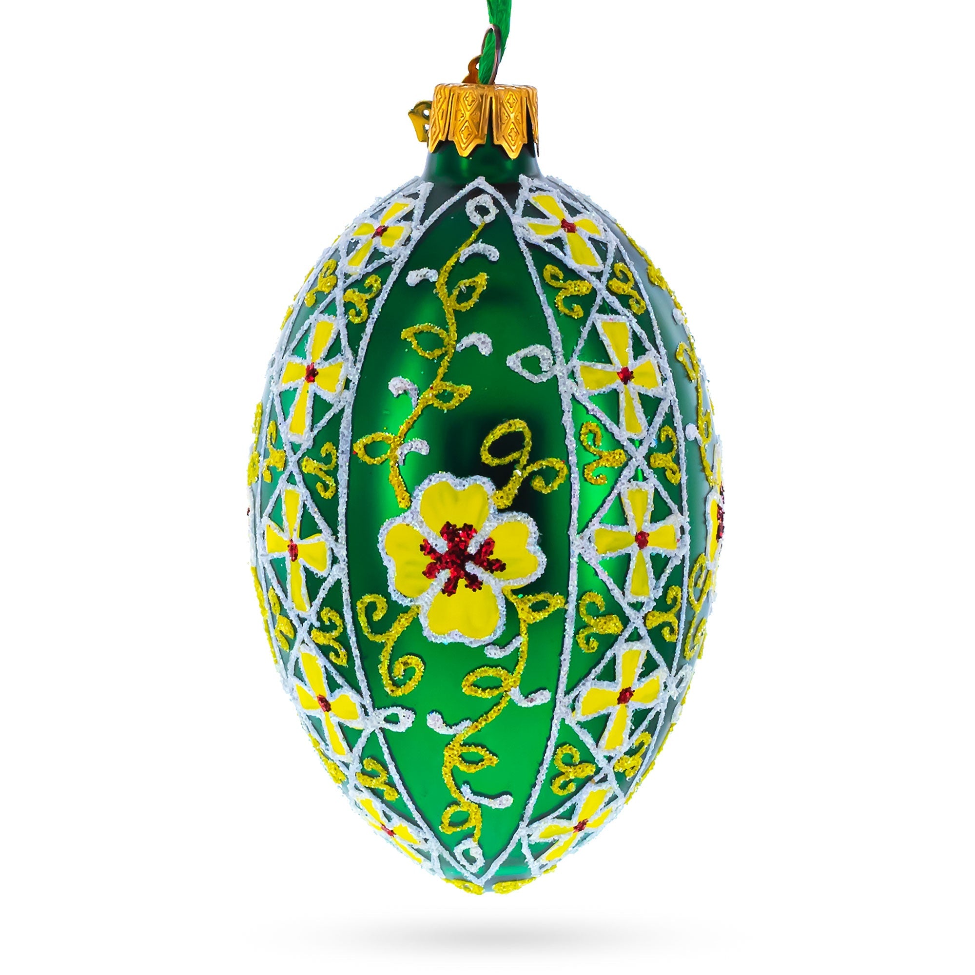 Gold Crosses on Green Ukrainian Glass Egg Ornament 4 Inches