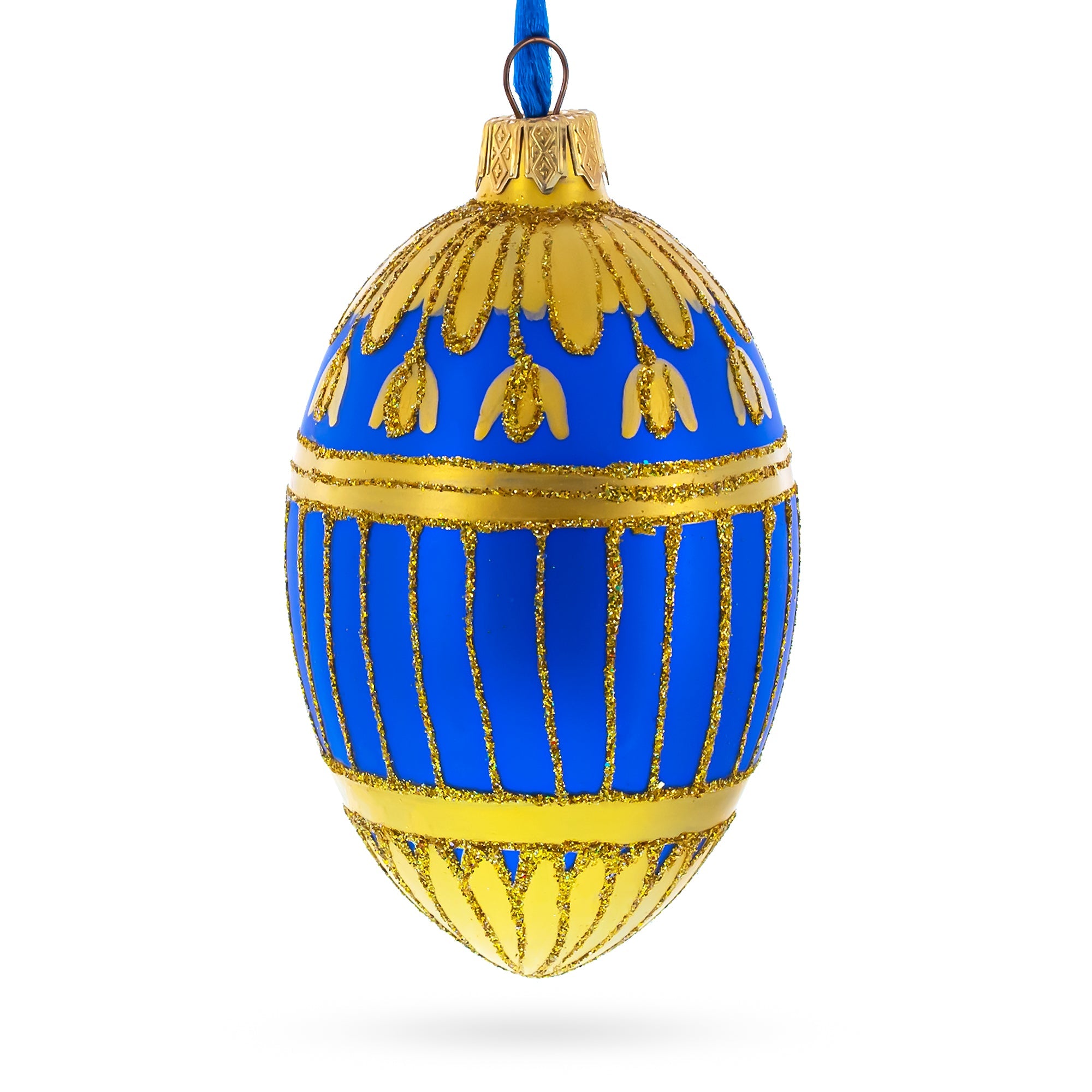 1885 Blue Enamel Ribbed Royal Egg Glass Ornament 4 Inches BestPysanky