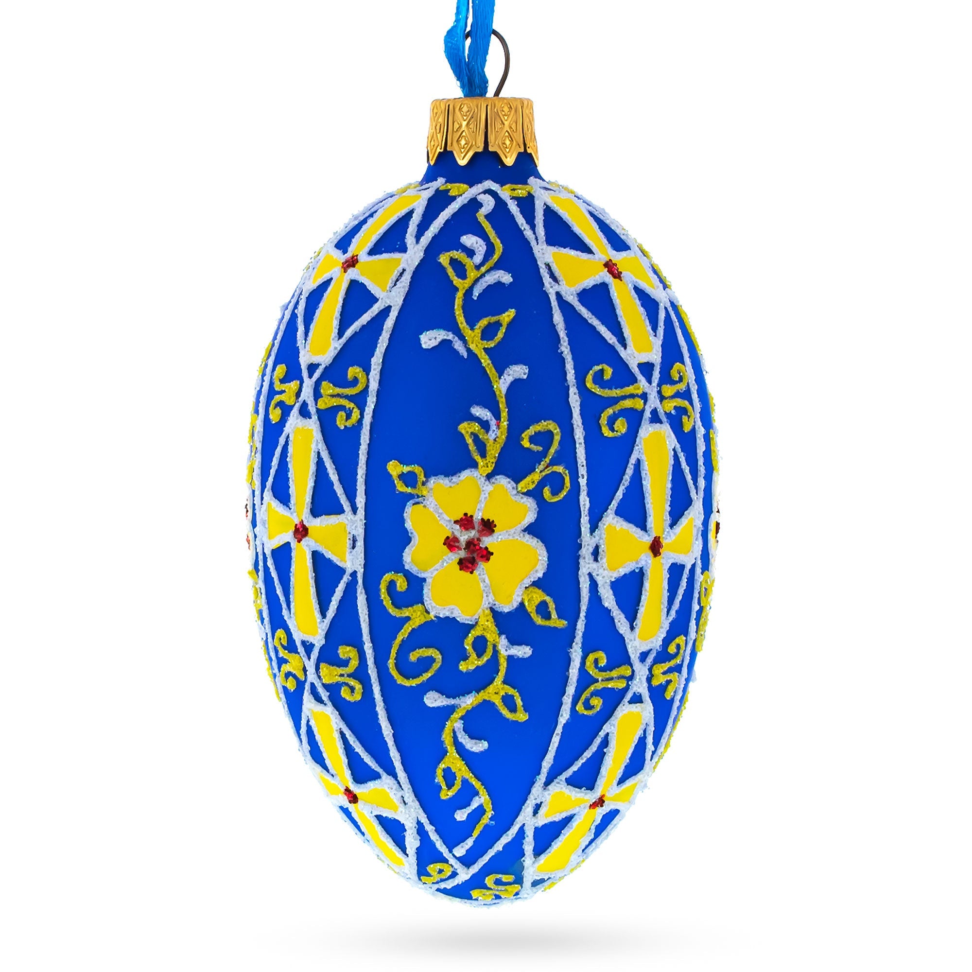 Blue with Yellow Floral Design Glass Egg Ornament 4 Inches