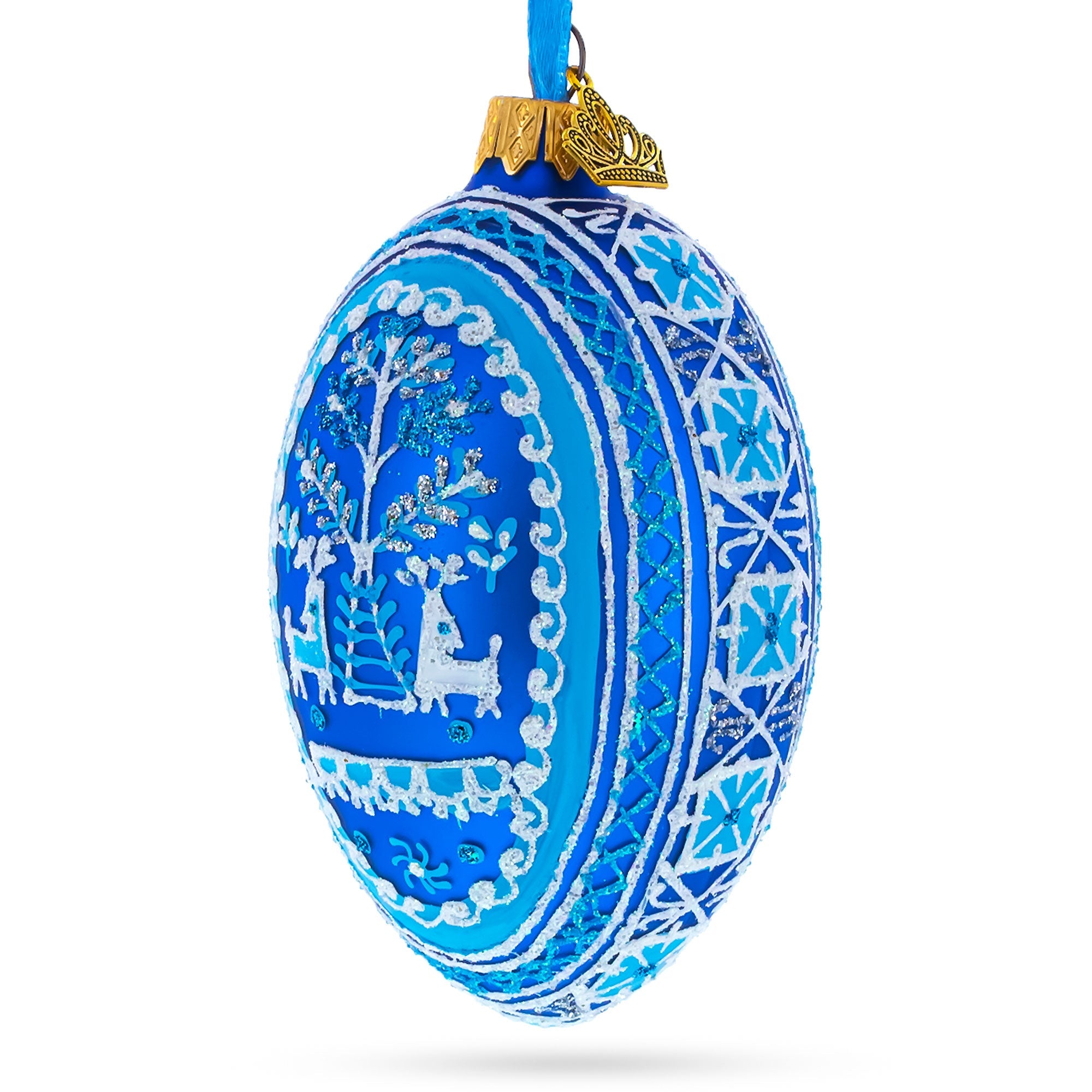 Two Deer in Forest Ukrainian Glass Egg Ornament 4 Inches BestPysanky