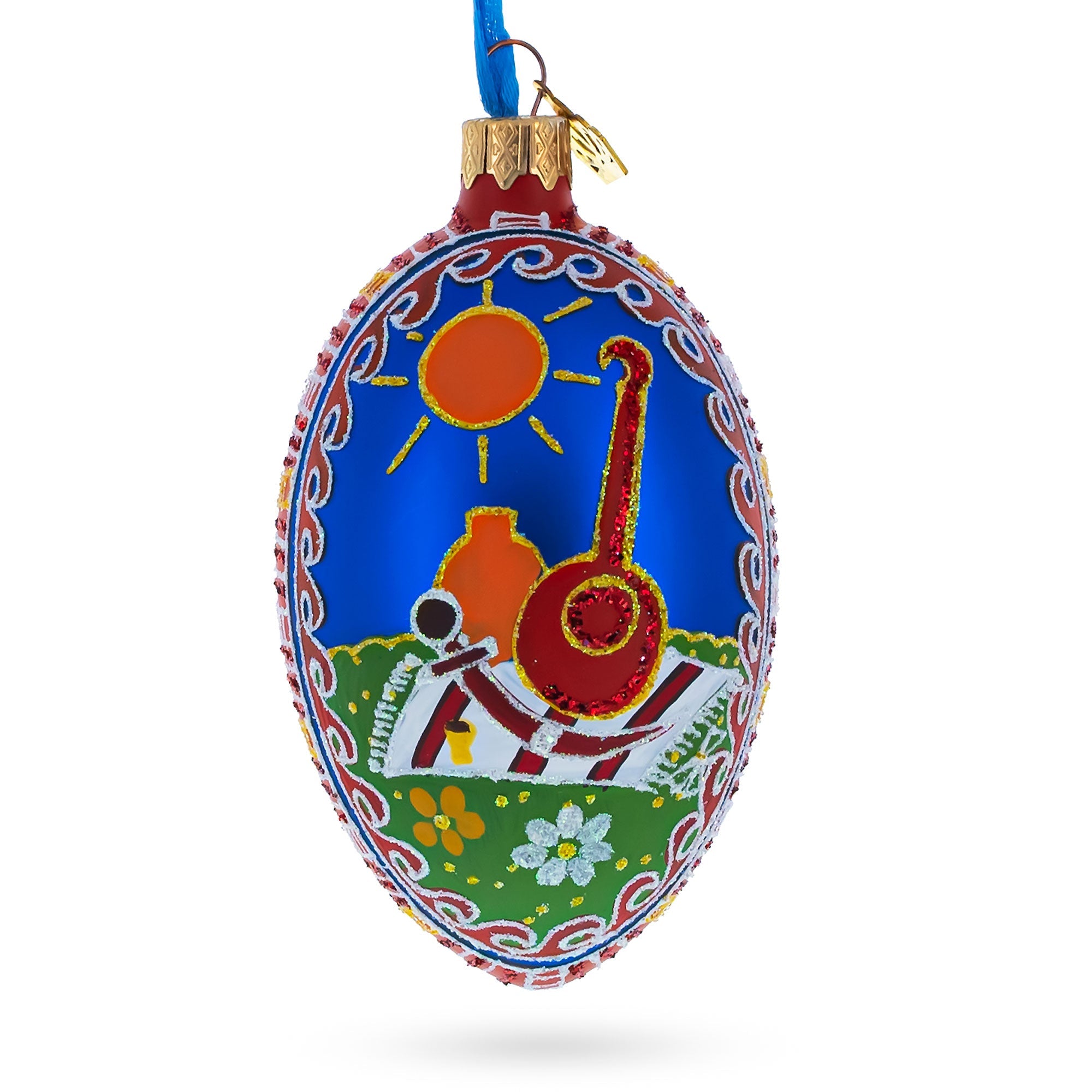 Kozak with Kobza Ukrainian Glass Egg Ornament 4 Inches BestPysanky