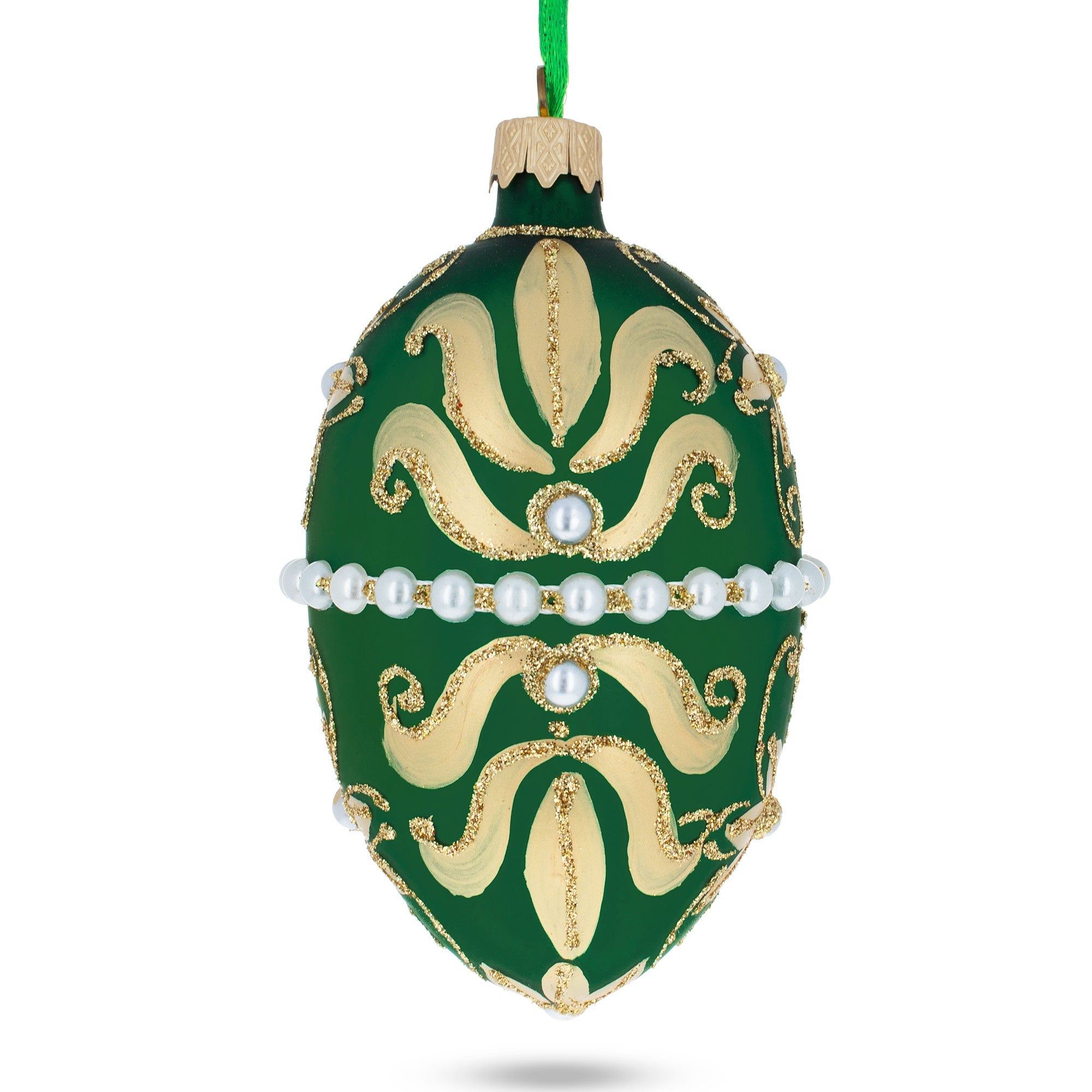 Beaded Center & Golden Flowers On Green Glass Egg Ornament 4 Inches BestPysanky