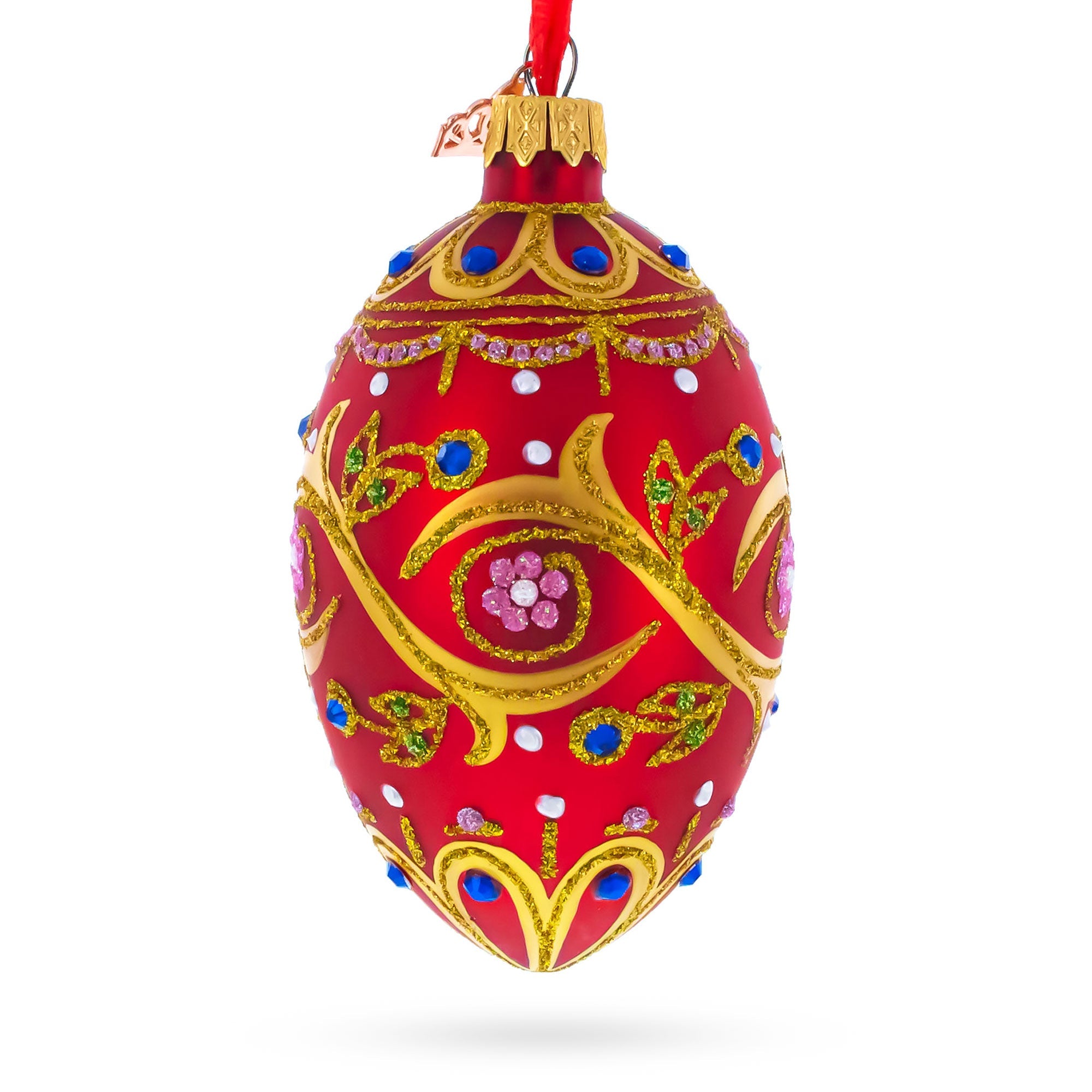 Blue Jewels On Red Glass Egg Ornament 4 Inches