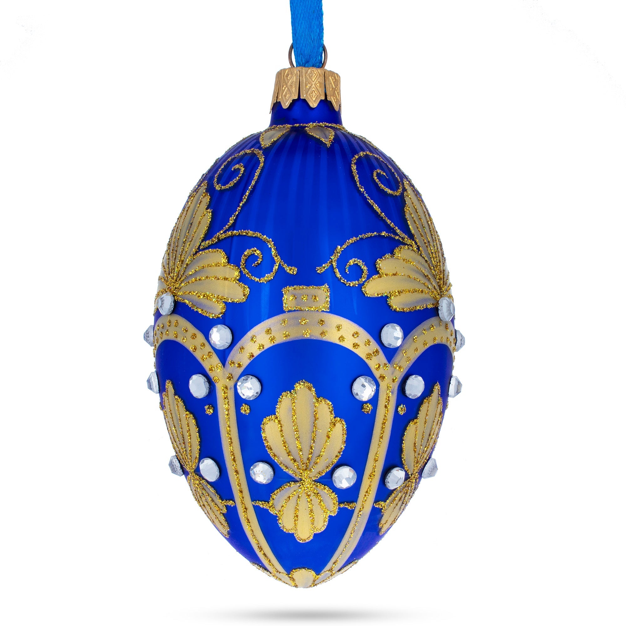 Golden Pearls on Blue Guilloche Glass Egg Christmas Ornament 4 Inches