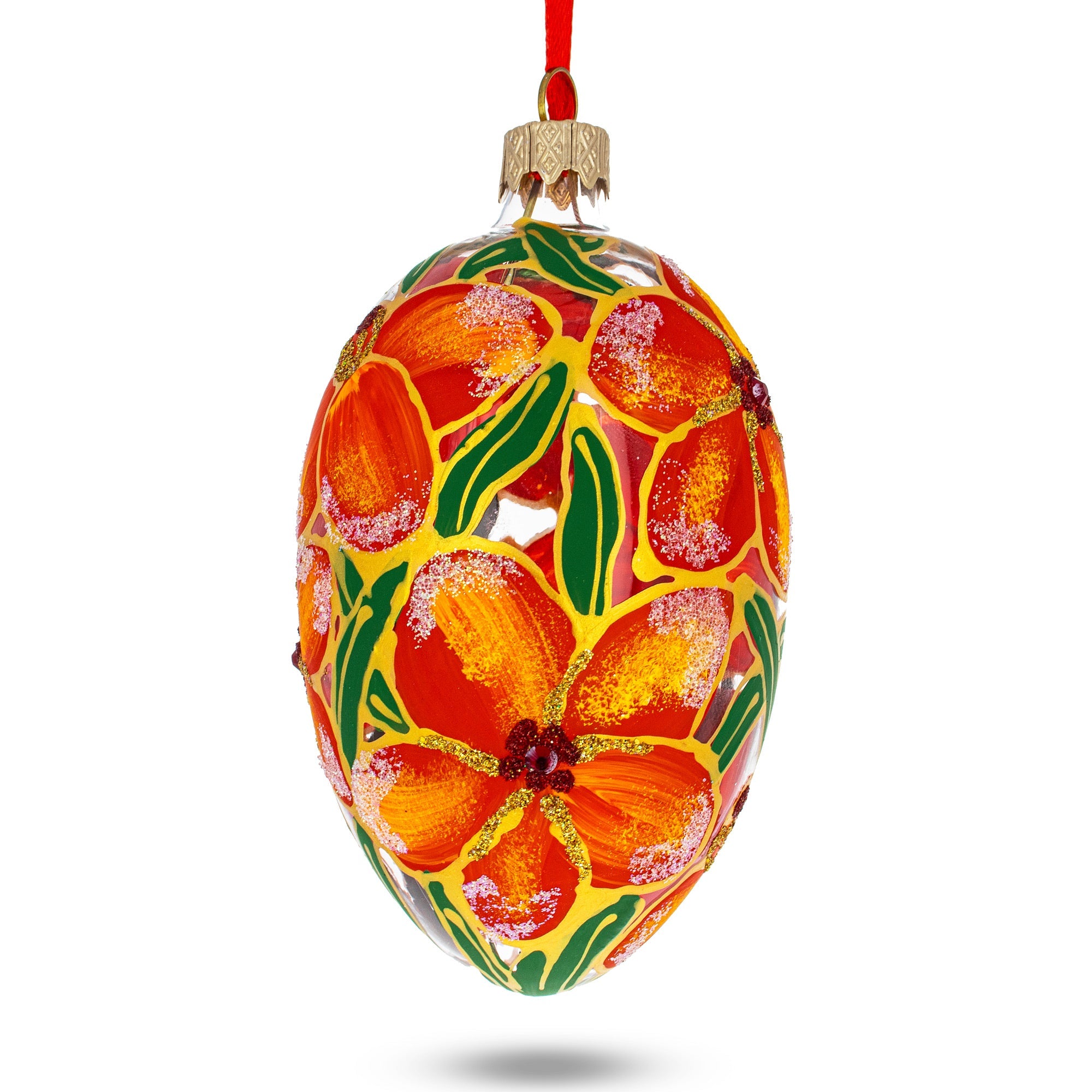 Red Flowers Bouquet Glass Egg Ornament 4 Inches BestPysanky