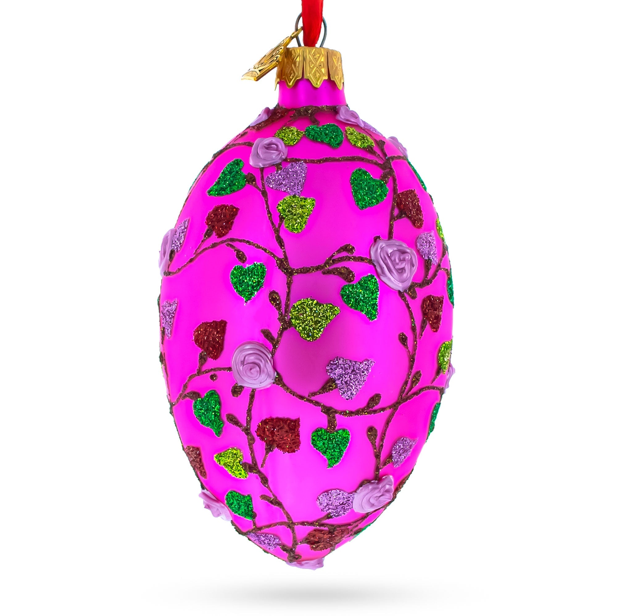 Vibrant Pink Heart Vines with 3D Roses Glass Egg Christmas Ornament 4 Inches