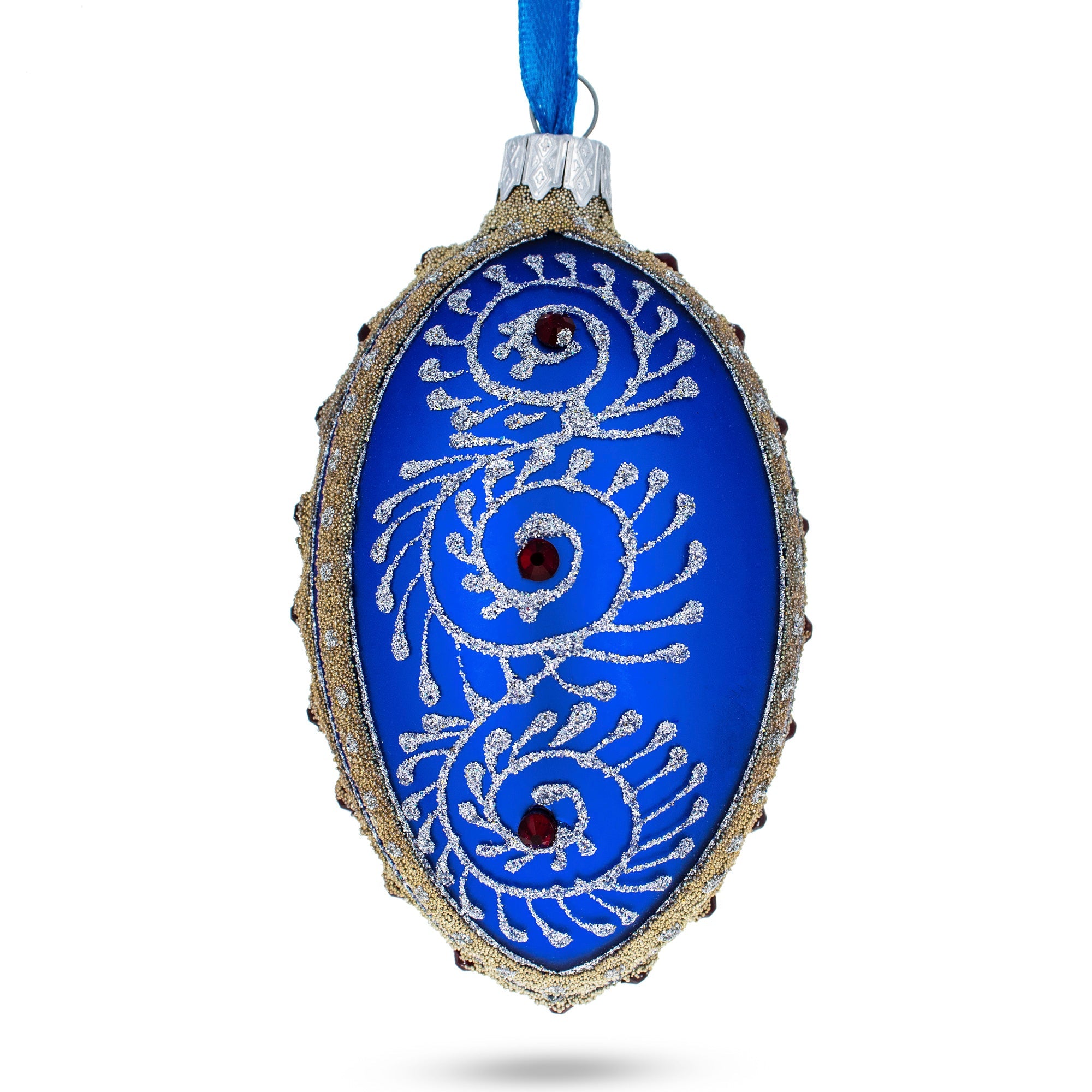 Silver on Blue Jeweled Glass Egg Ornament 4 Inches