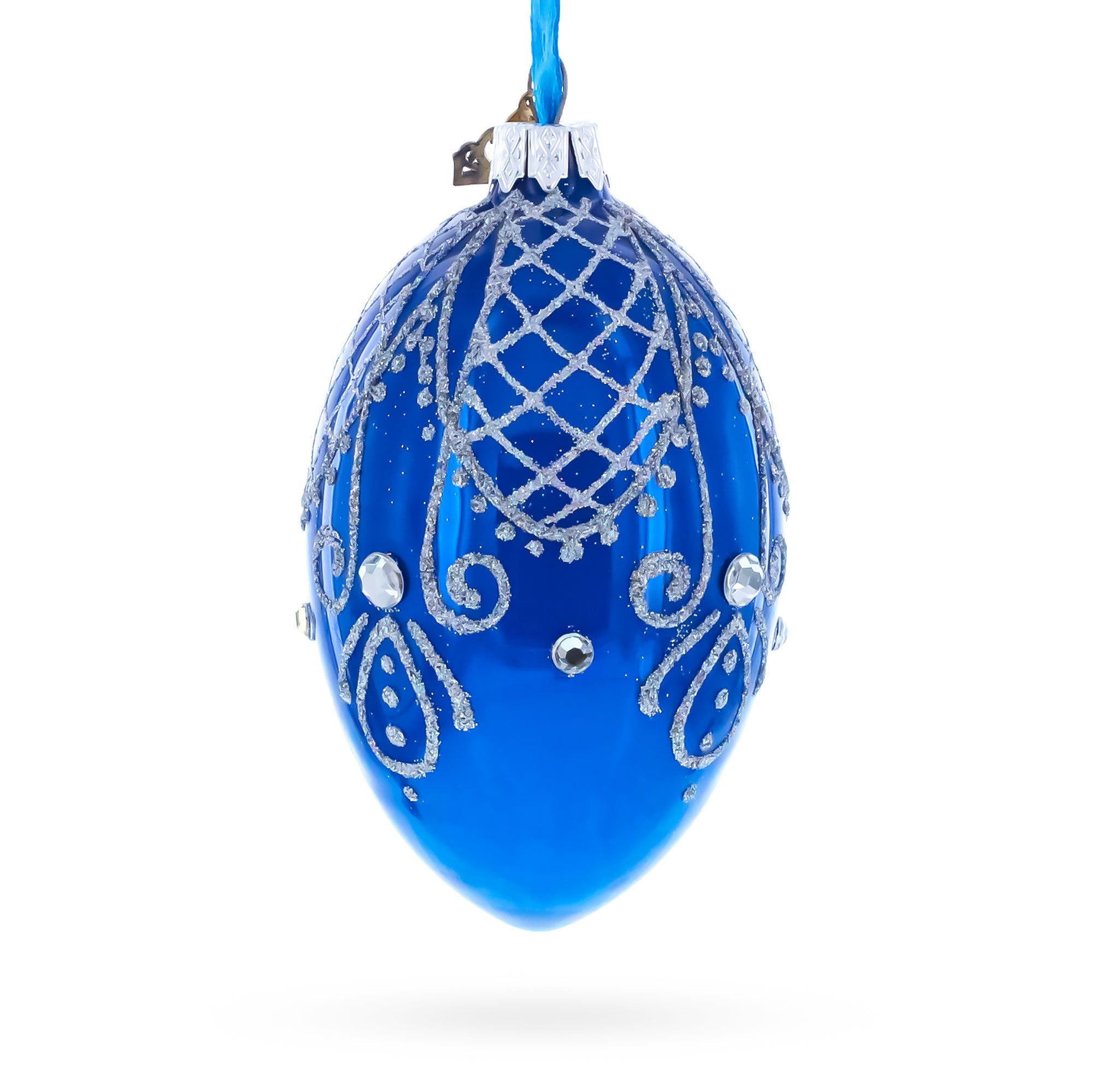 Jeweled Blue Glossy Royal Inspired Glass Egg Ornament 4 Inches