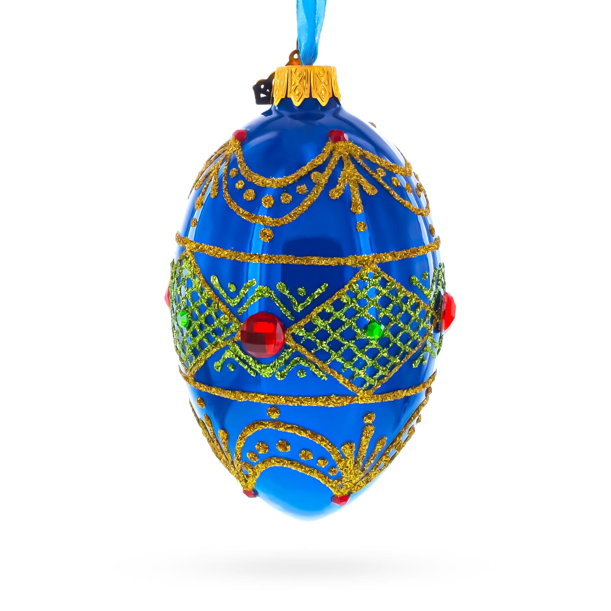 Jeweled Red on Blue Glass Egg Ornament 4 Inches BestPysanky