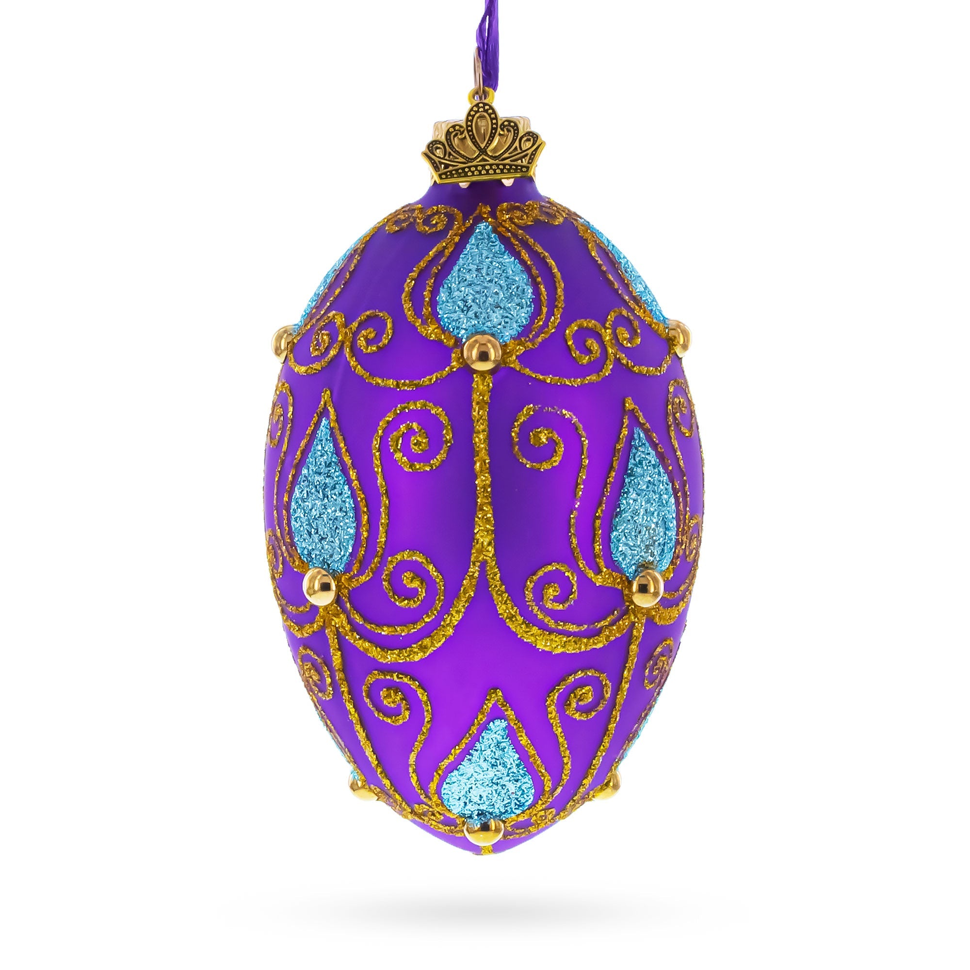 Blue Leaf on Purple Glass Egg Ornament 4 Inches BestPysanky