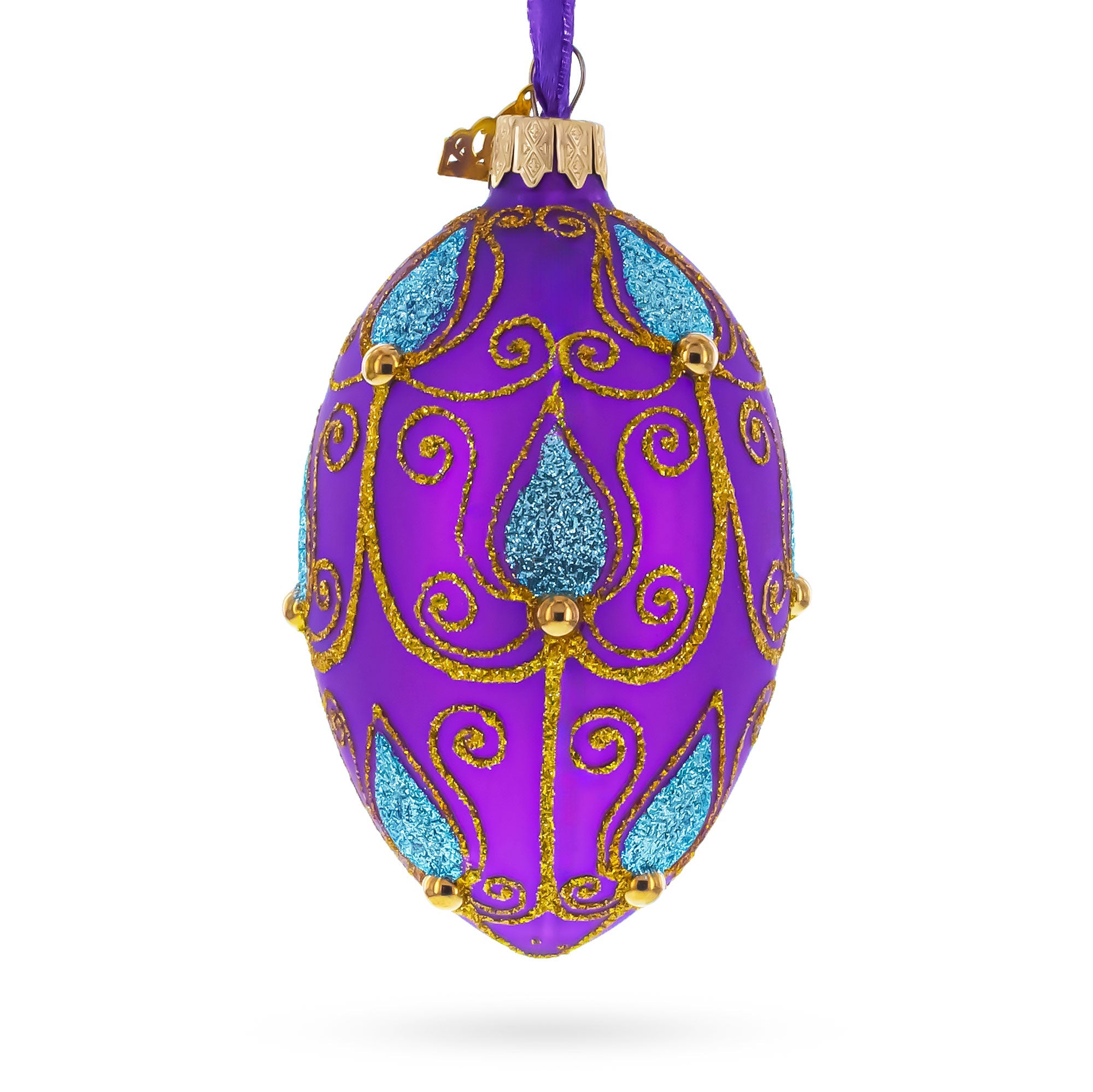 Blue Leaf on Purple Glass Egg Ornament 4 Inches BestPysanky