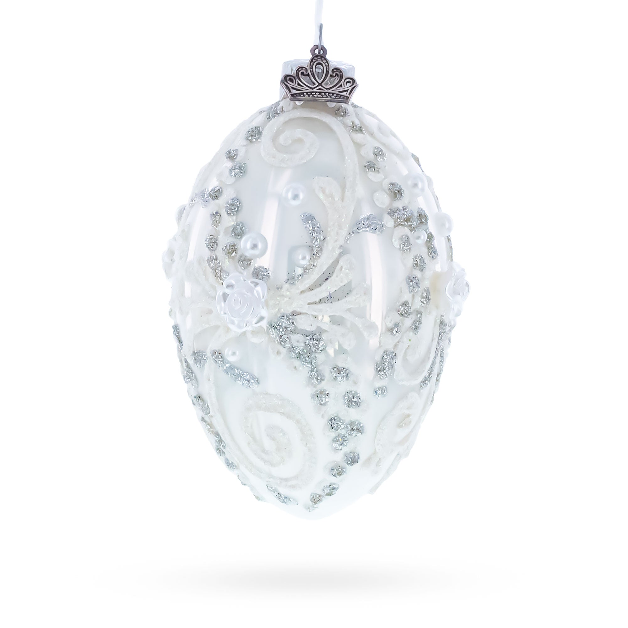 Silver Glitter Scrolls, Pearls & Rose Accents Winter Elegance Glass Egg Ornament 4 Inches BestPysanky
