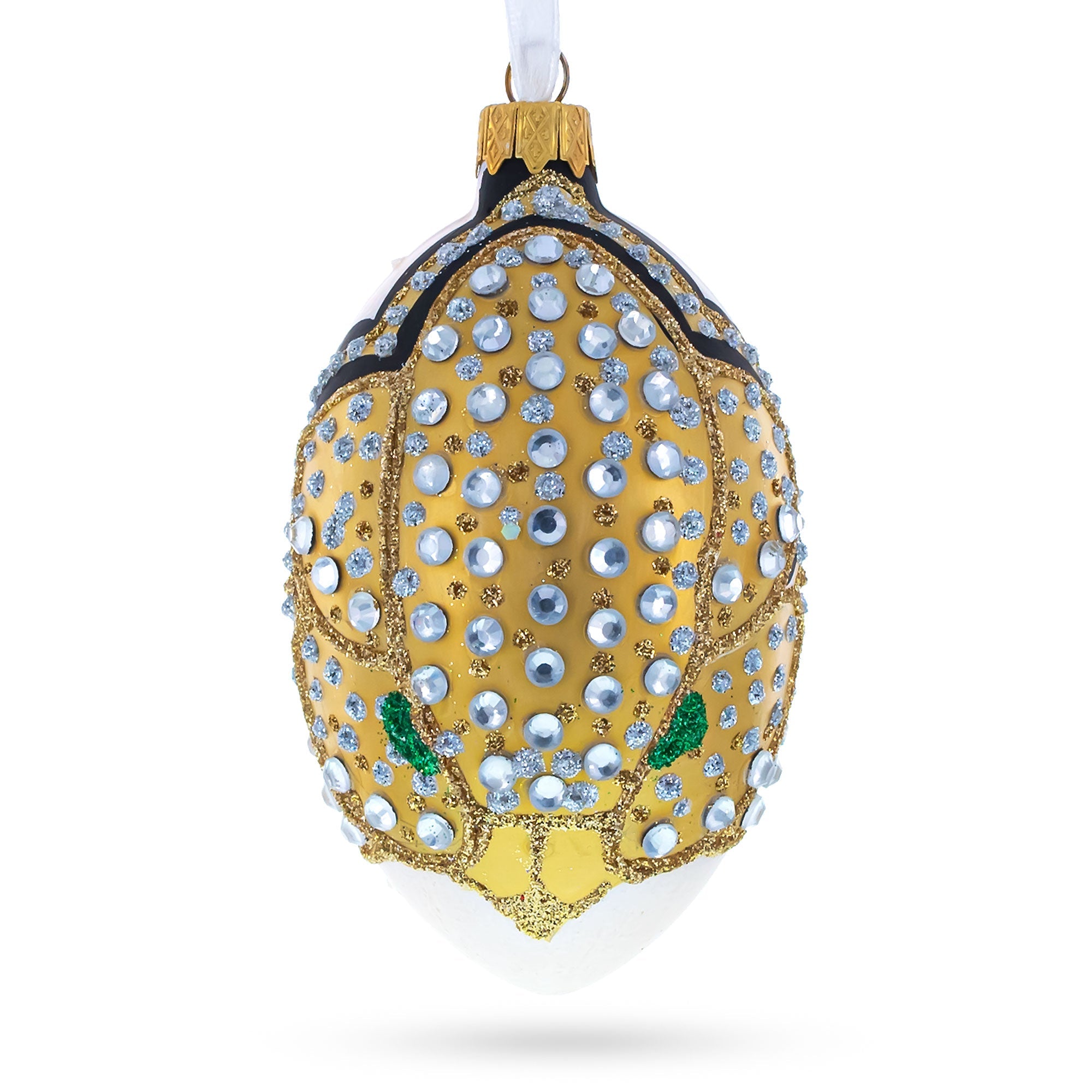 Louis-Francois Designer Jeweled Panther Glass Egg Christmas Ornament 4 Inches