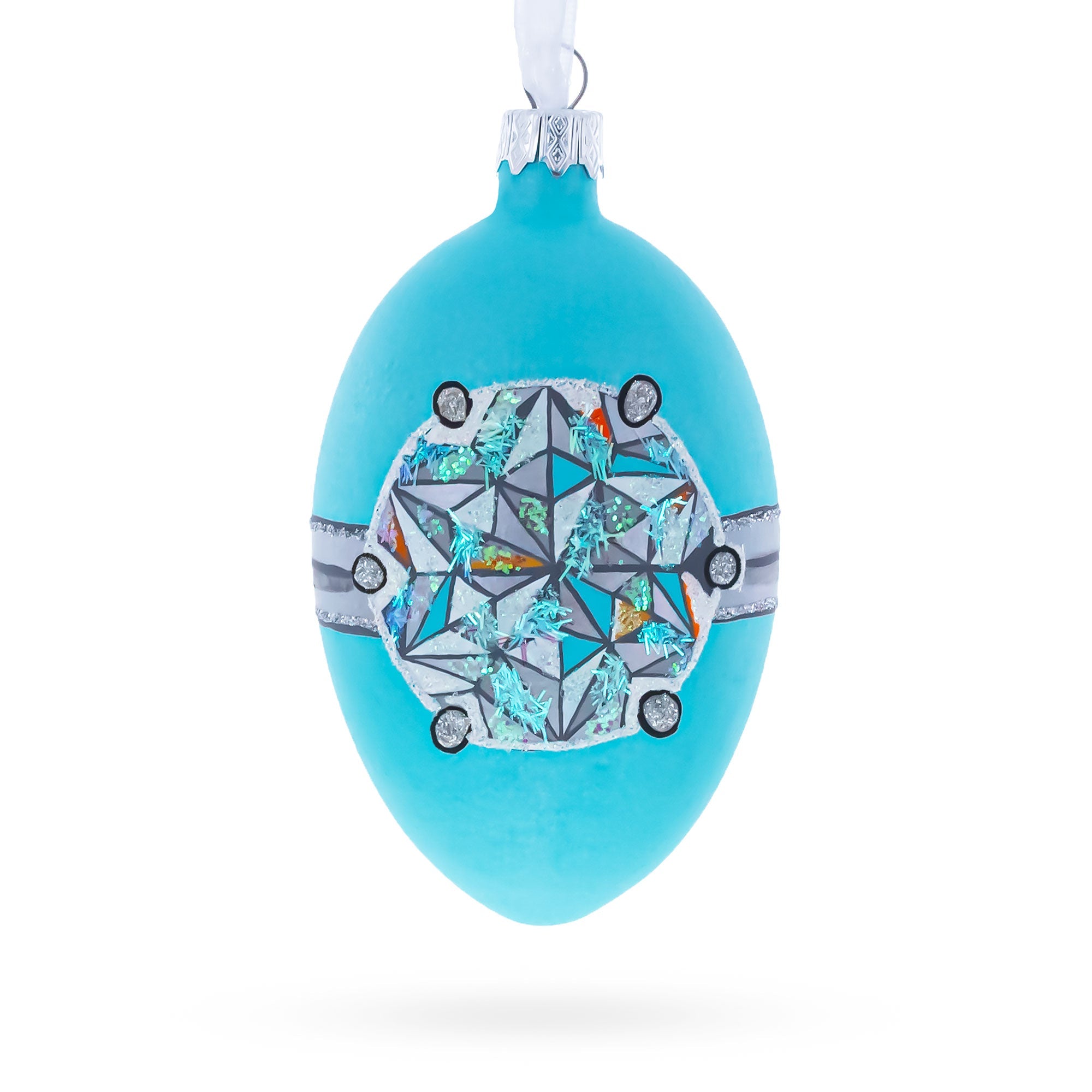 American Art Nouveau Jeweled Diamond Ring Glass Egg Christmas Ornament 4 Inches