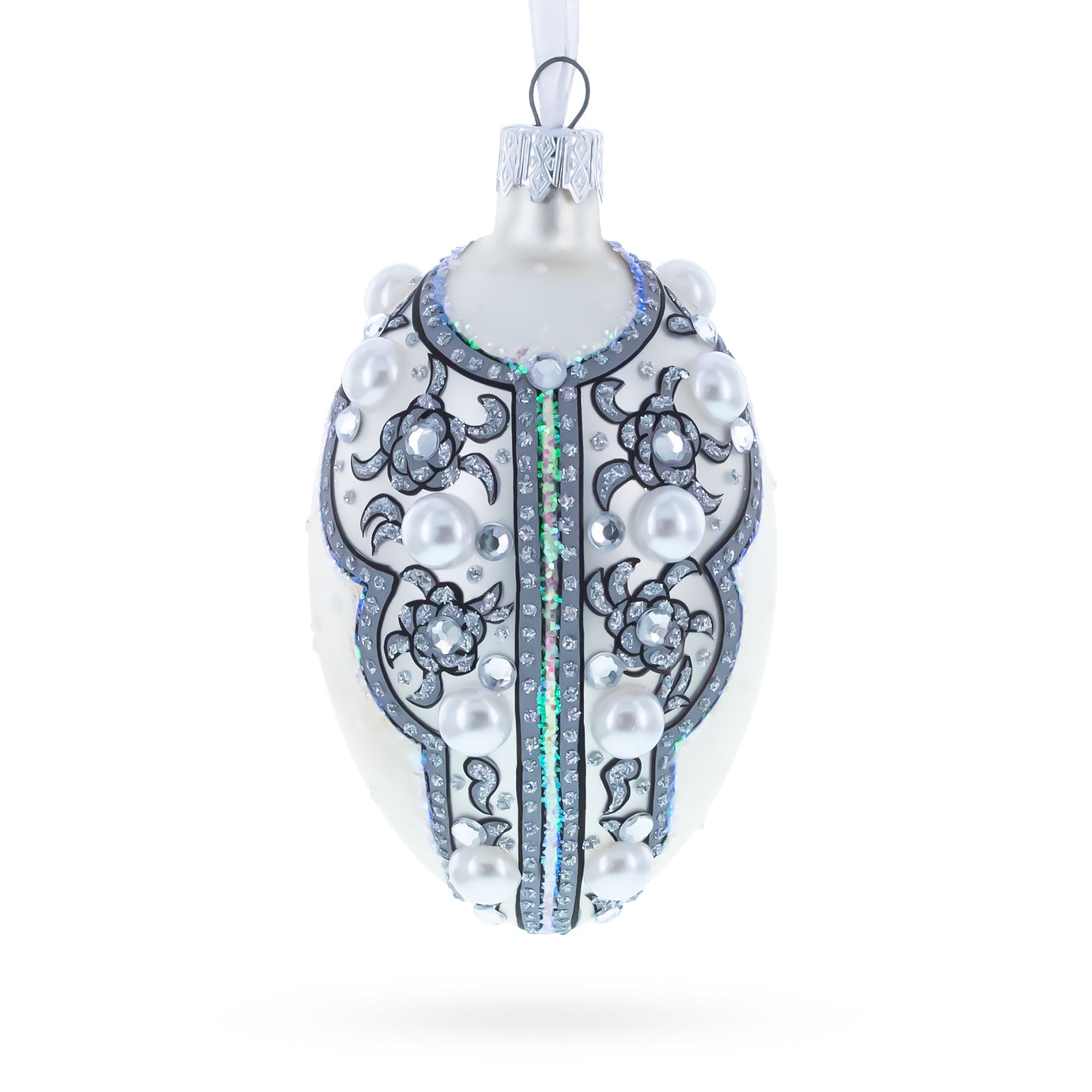 French Couturier Pearls on White Pendant Necklace Glass Egg Christmas Ornament 4 Inches