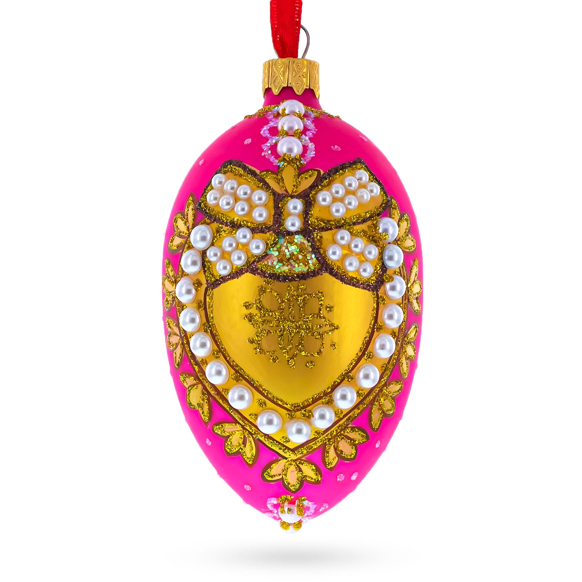 Italian Fashion House Pearl Buckle on Pink Glass Egg Christmas Ornament 4 Inches