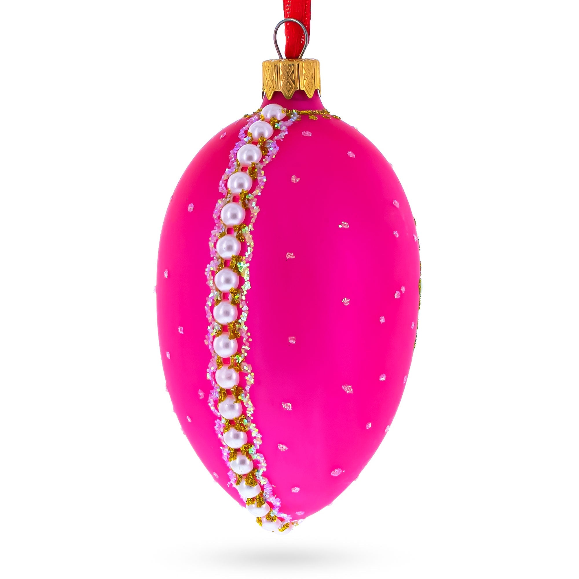 Italian Fashion House Pearl Buckle on Pink Glass Egg Christmas Ornament 4 Inches