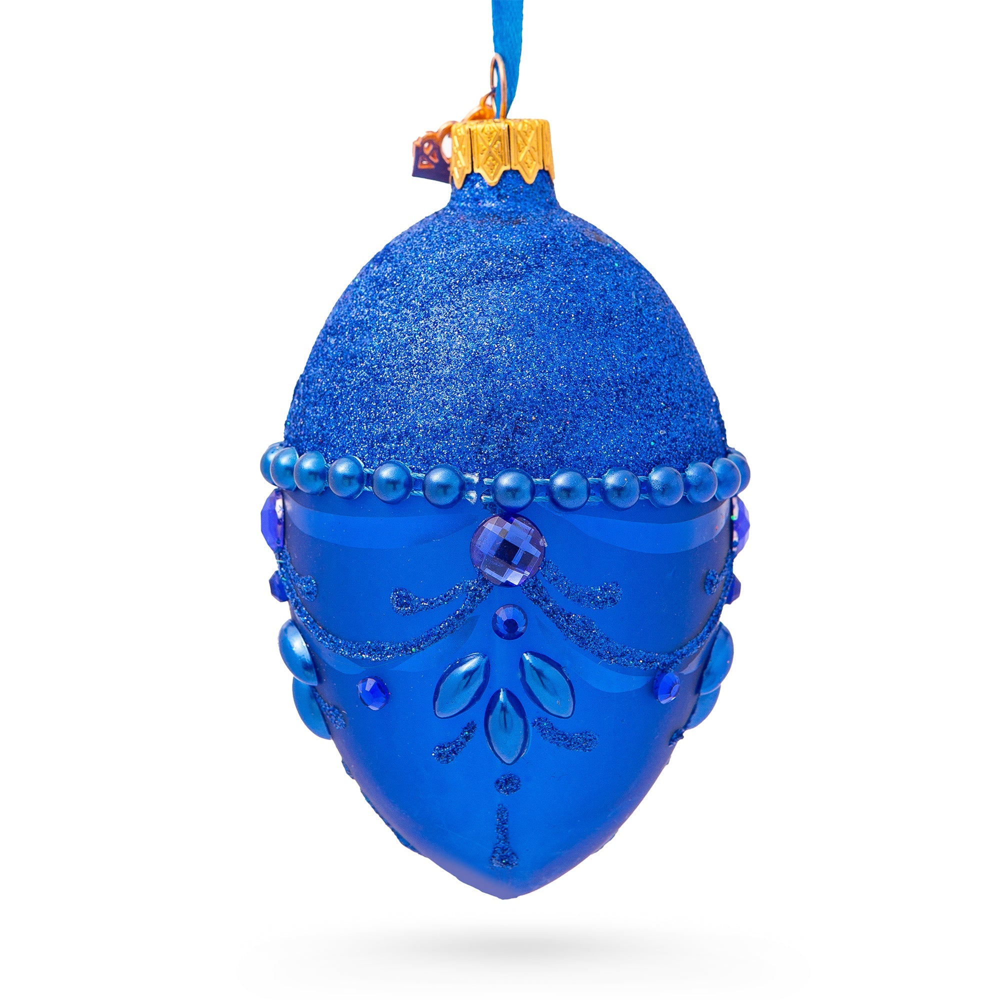 Bejeweled Chandelier on Blue Glass Egg Christmas Ornament 4 Inches