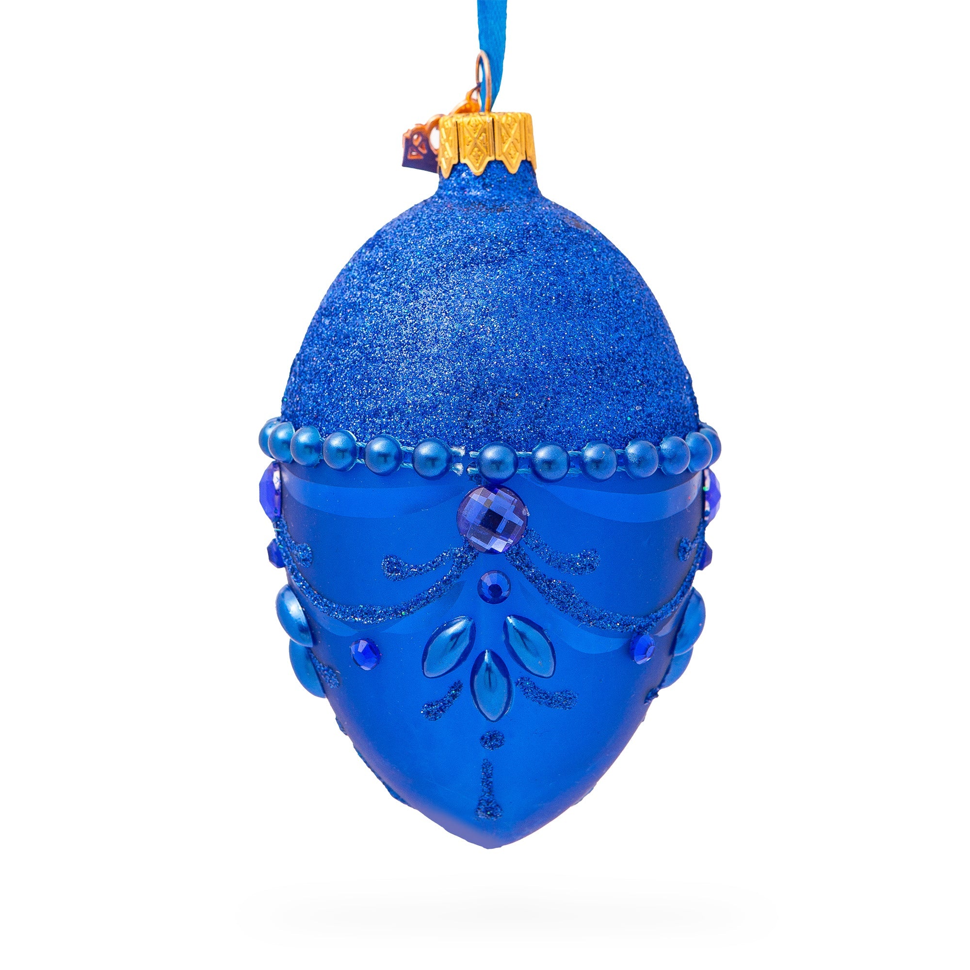 Bejeweled Chandelier on Blue Glass Egg Christmas Ornament 4 Inches